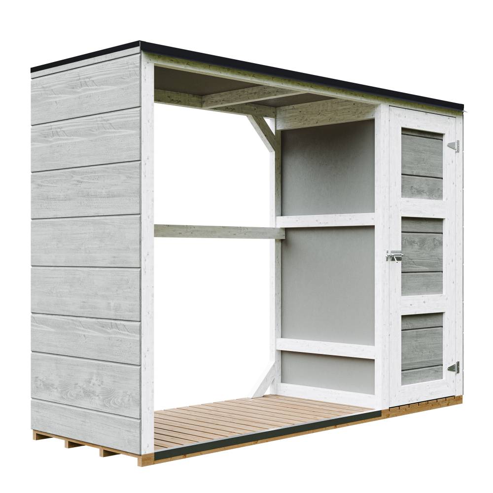 Timbela - Abri à bûches extérieur - 1,09+0,53 m² / 75x217xH159 cm - Abri à bûches moderne avec rangement latéral pour les outils - Timbela M981-TUNDRA GREY - Image 1