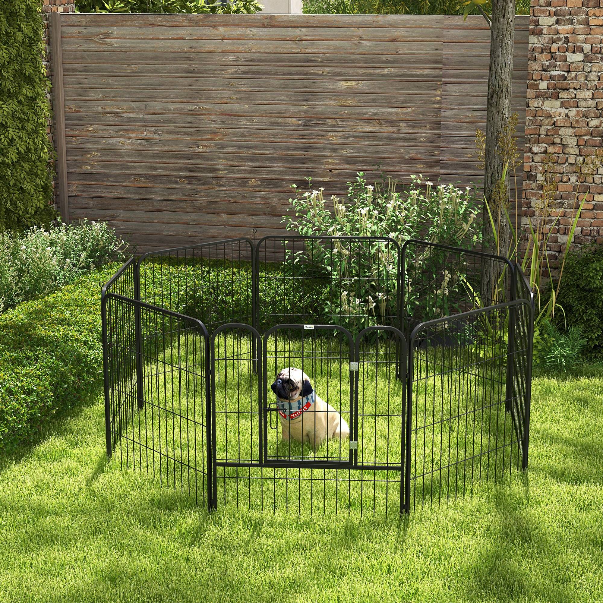 Parc pour animaux de compagnie à 8 panneaux, 80 x 80 cm, avec porte et double fermeture métallique, noir. - Image 3