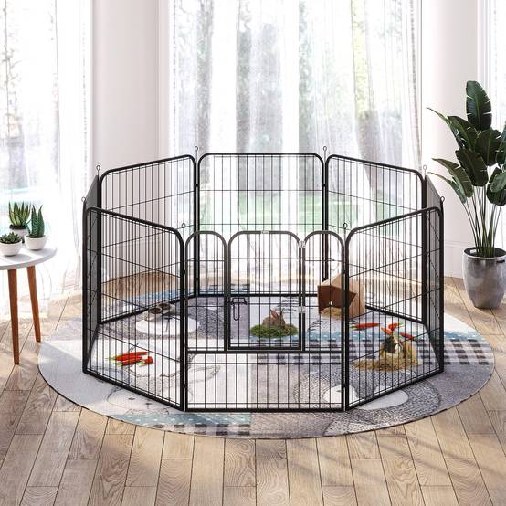Parc pour animaux de compagnie à 8 panneaux, 80 x 80 cm, avec porte et double fermeture métallique, noir. - Image 10