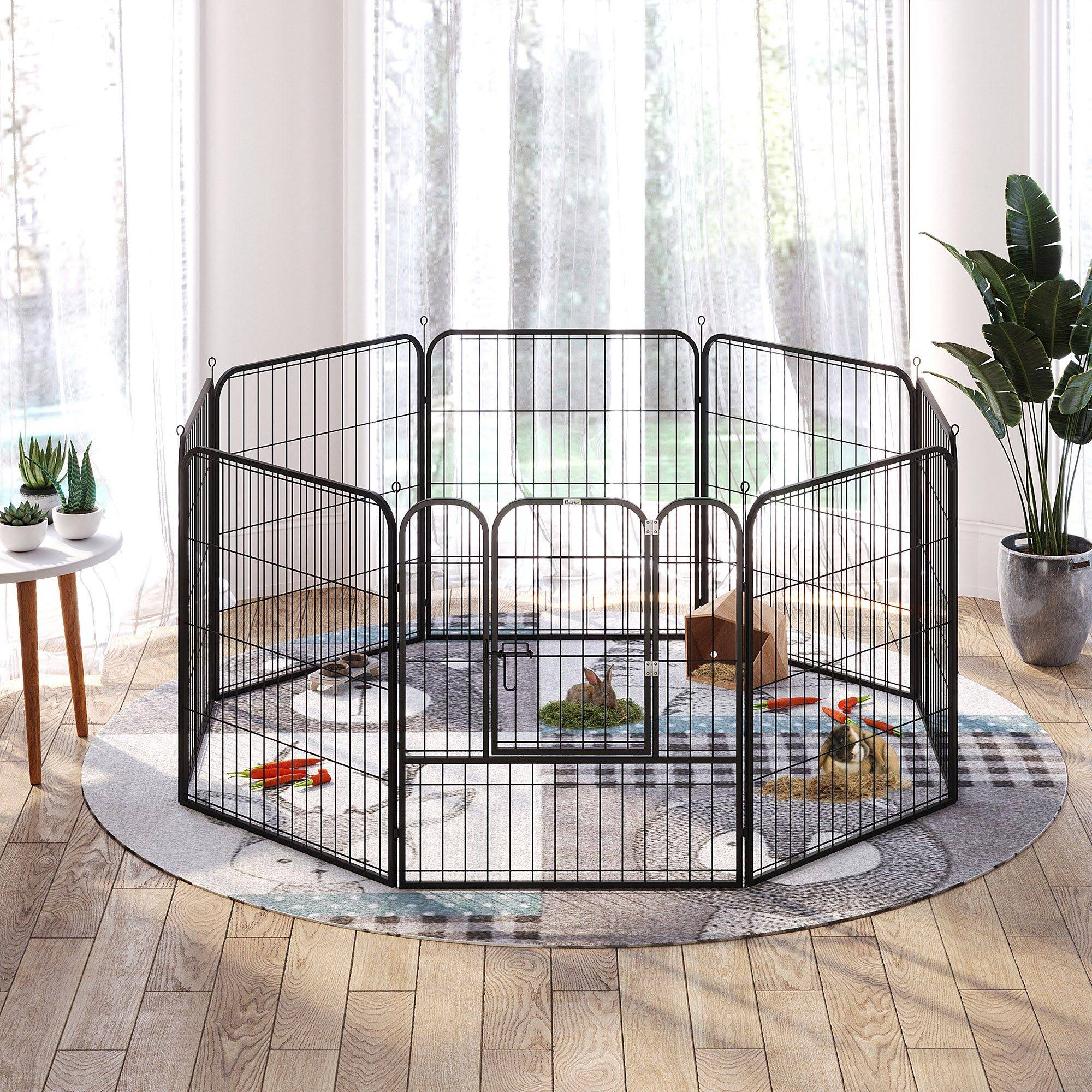 Parc pour animaux de compagnie à 8 panneaux, 80 x 80 cm, avec porte et double fermeture métallique, noir. - Image 10