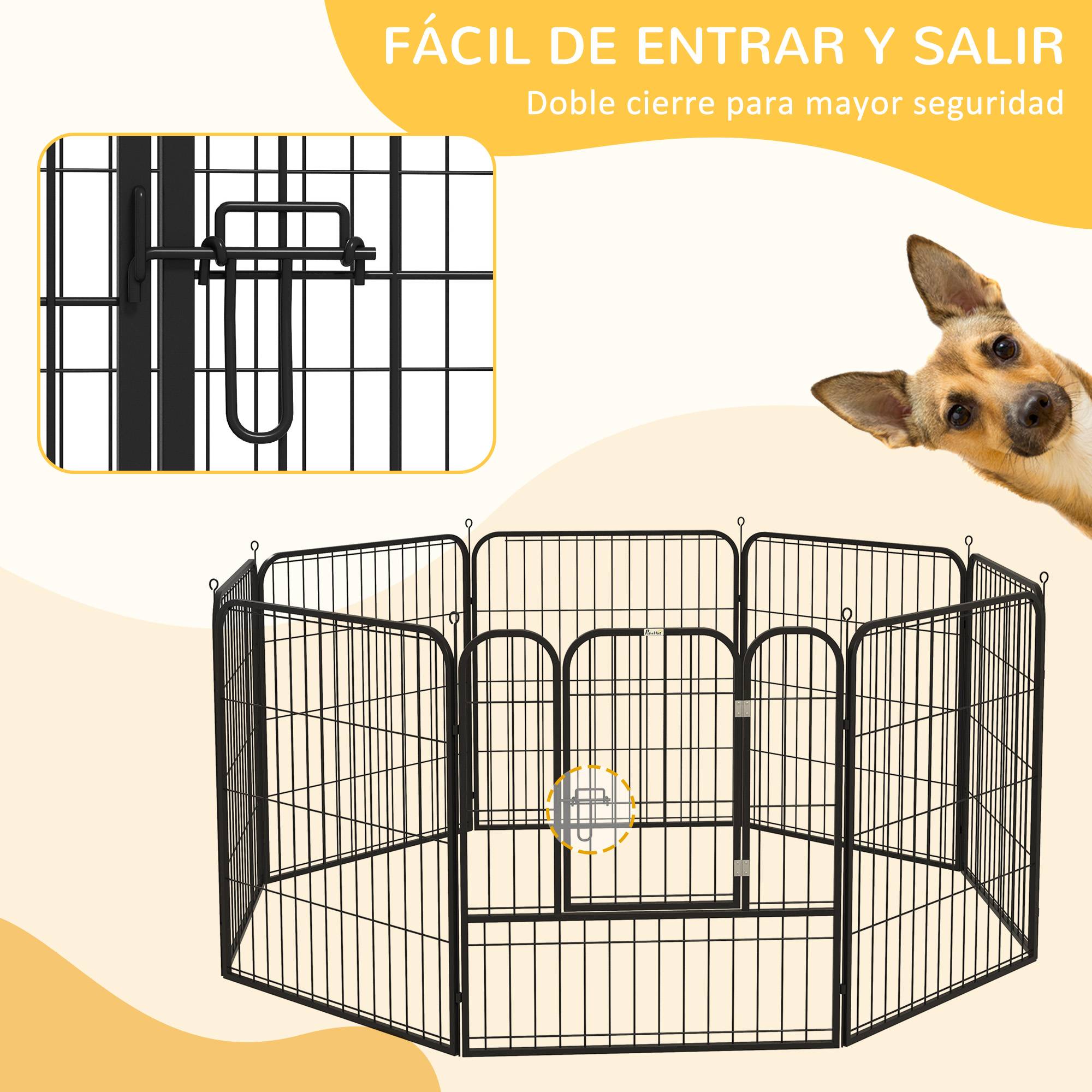 Parc pour animaux de compagnie à 8 panneaux, 80 x 80 cm, avec porte et double fermeture métallique, noir. - Image 8