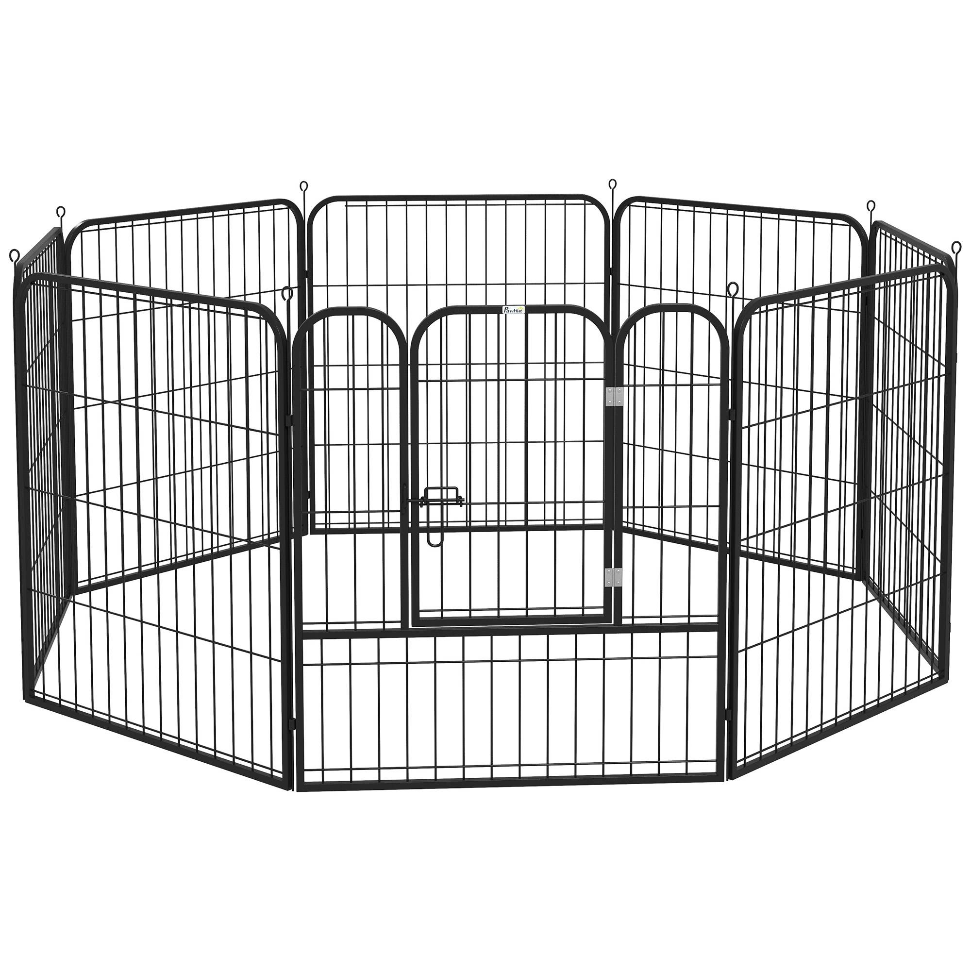 Parc pour animaux de compagnie à 8 panneaux, 80 x 80 cm, avec porte et double fermeture métallique, noir. - Image 1