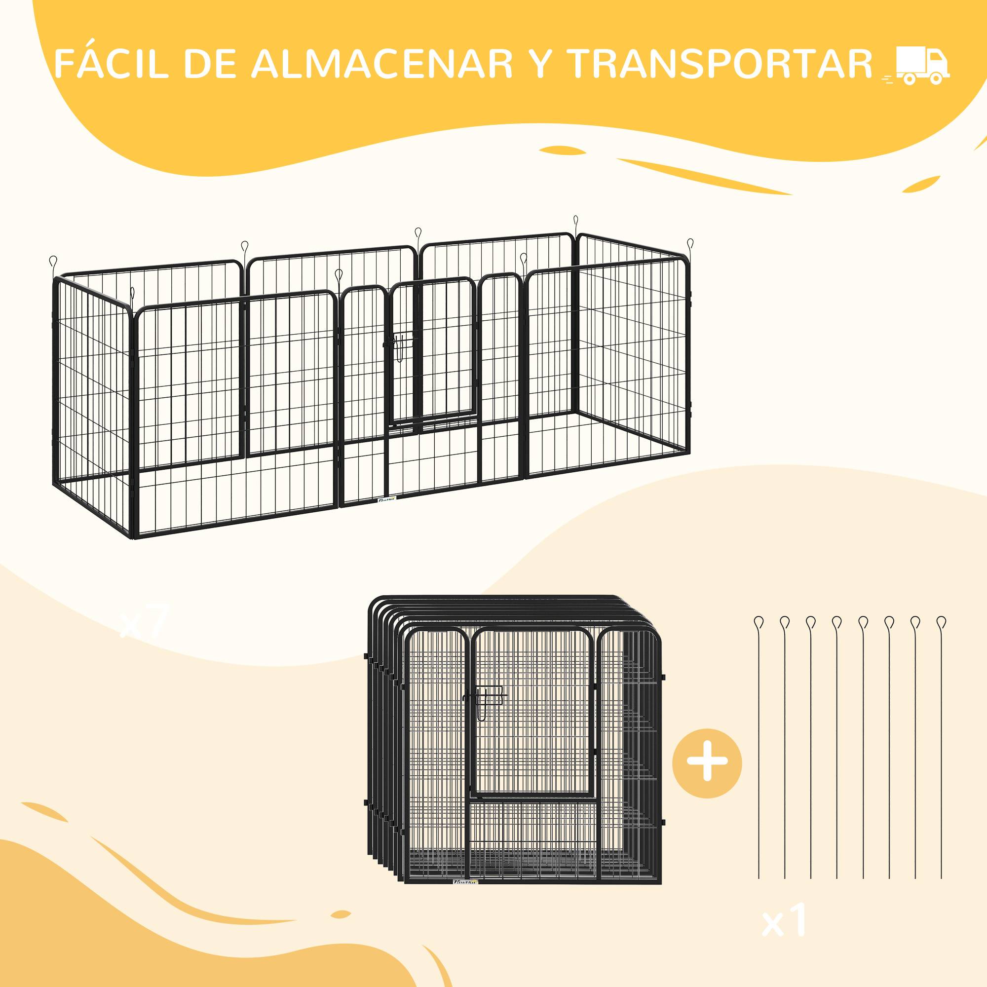 Parc pour animaux de compagnie à 8 panneaux, 80 x 80 cm, avec porte et double fermeture métallique, noir. - Image 7
