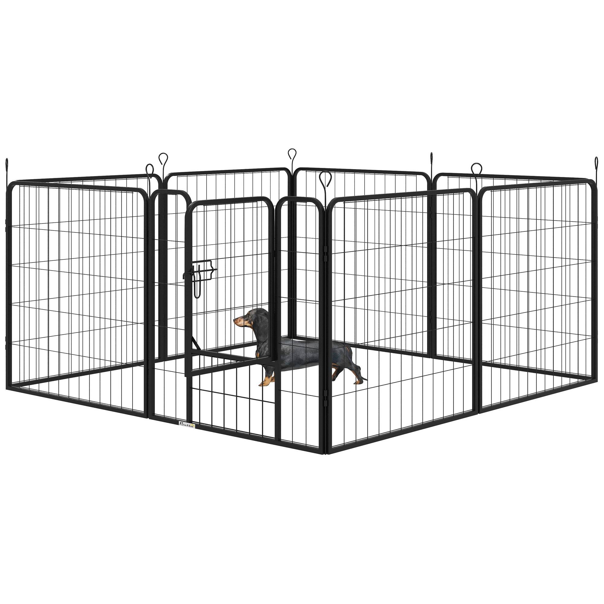 Parc pour animaux de compagnie à 8 panneaux, 80 x 80 cm, avec porte et double fermeture métallique, noir. - Image 2