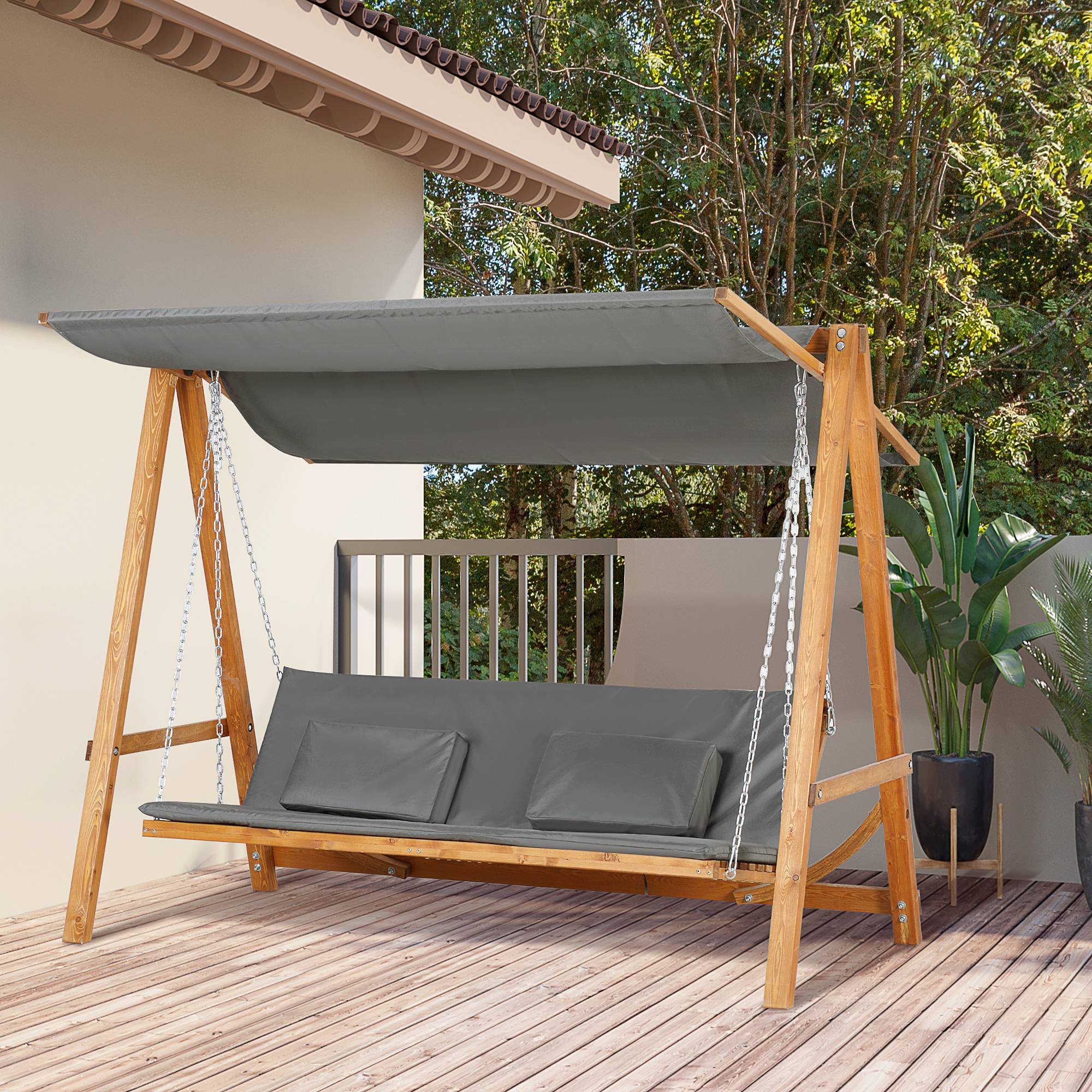 Balancelle Hollywood convertible en lit, balancelle de jardin 3 places, bois de mélèze avec pare-soleil réglable, 225,5 x 130 x 180 cm - Image 3