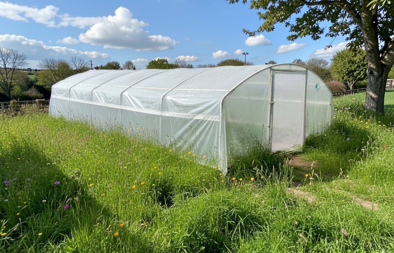 Serre de jardin - 30m² - 4 x 7,5m - hauteur 1,78m (sans déclaration) - pied droit 1,10m - PE haute densité - 1 porte pivotante - LES SERRES TONNEAU