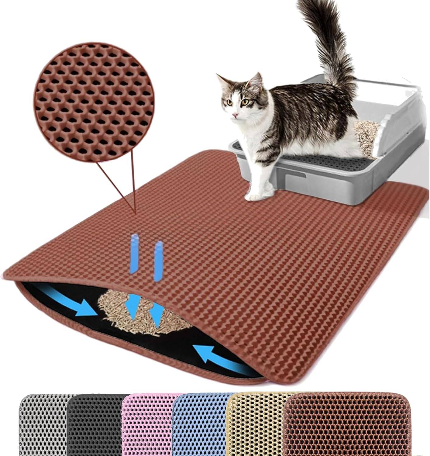 Tapis de litière pour chat, double couche, nid d'abeille, antidérapant, imperméable et anti-urine, accessoire pour chat, 70*120 cm, marron-Lytech - Image 6