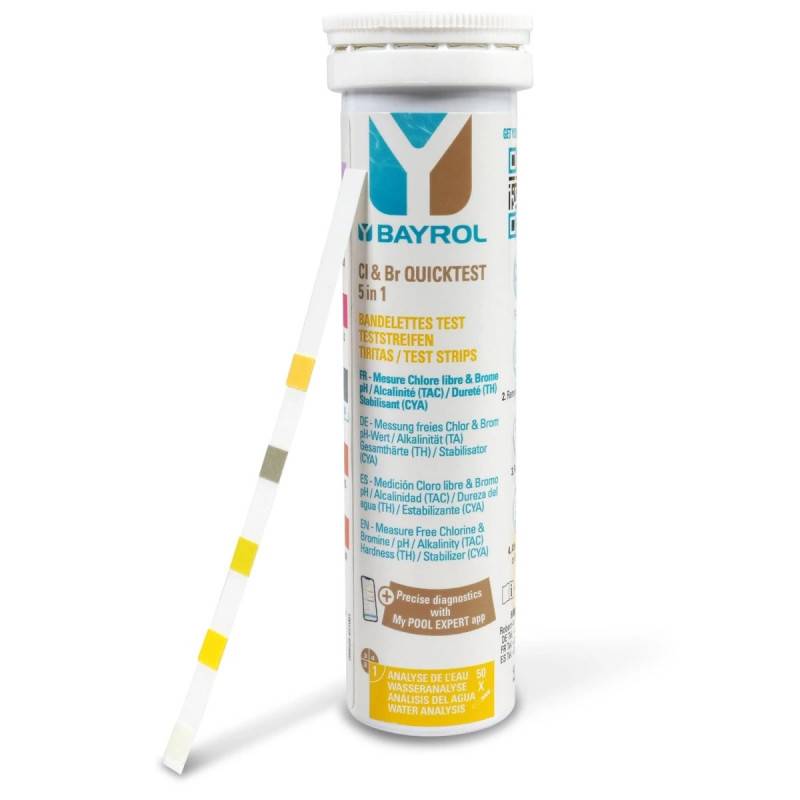 Bandelettes d'analyse 5 en 1 Bayrol Quicktest Cl&Br/pH/TH/TAC/CYA - Image 1