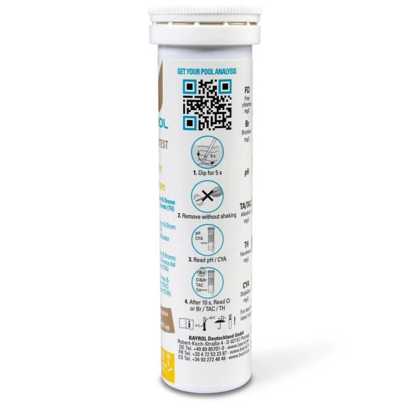 Bandelettes d'analyse 5 en 1 Bayrol Quicktest Cl&Br/pH/TH/TAC/CYA - Image 2