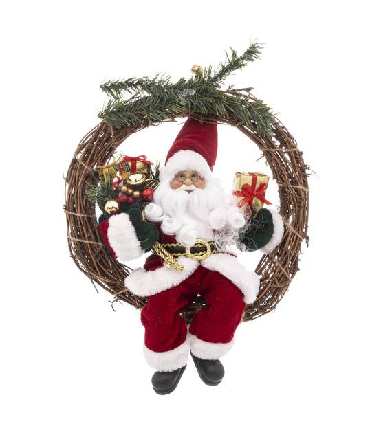 Couronne avec Père Noël traditionnel en velours rouge et fourrure blanche H 30 cm