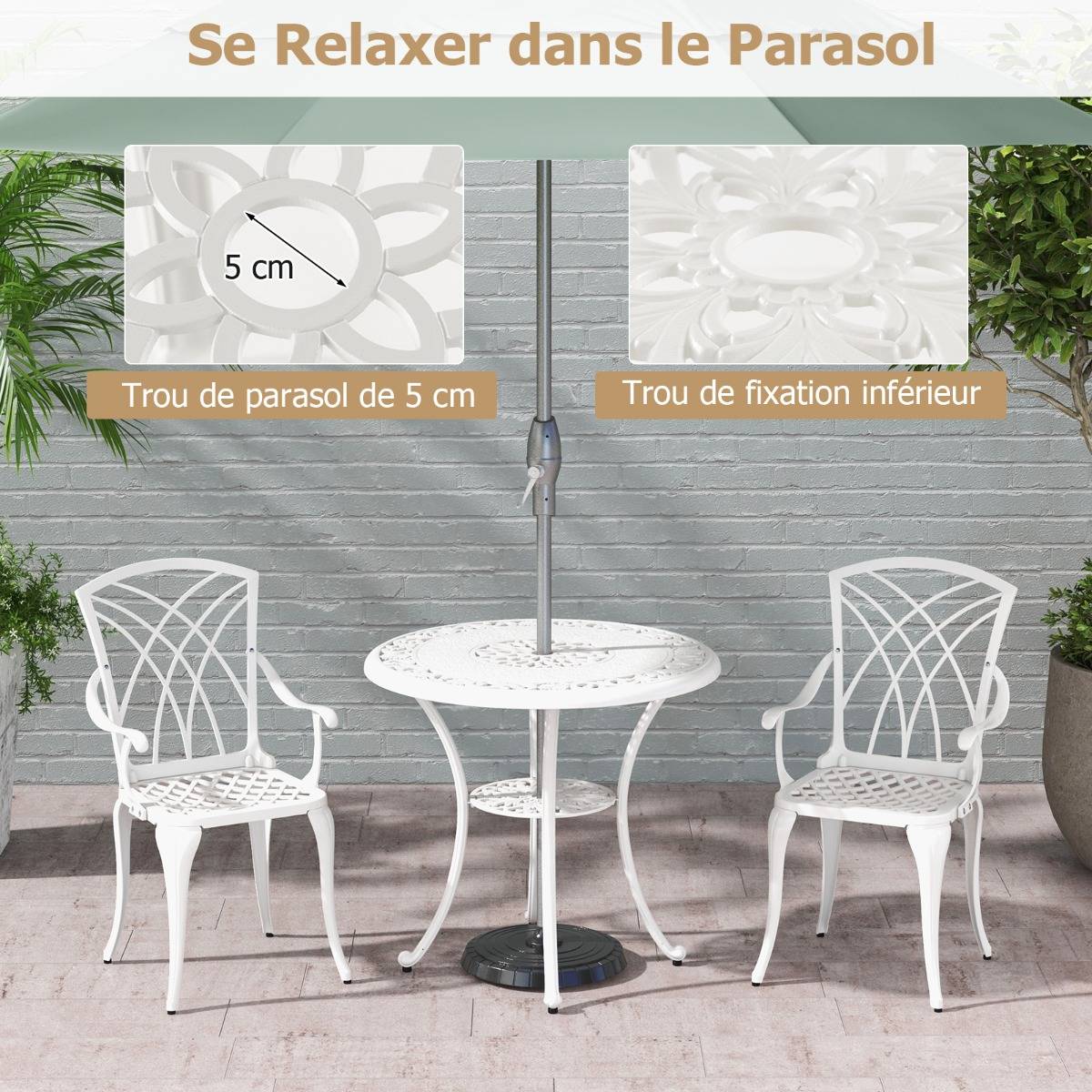 5 Pcs Salon de Jardin en Fonte d'Aluminium Trou pour Parasol Repose-pieds Réglables Ensemble de Table Ronde et 4 Chaises Blanc MAISON CHIC - Image 5