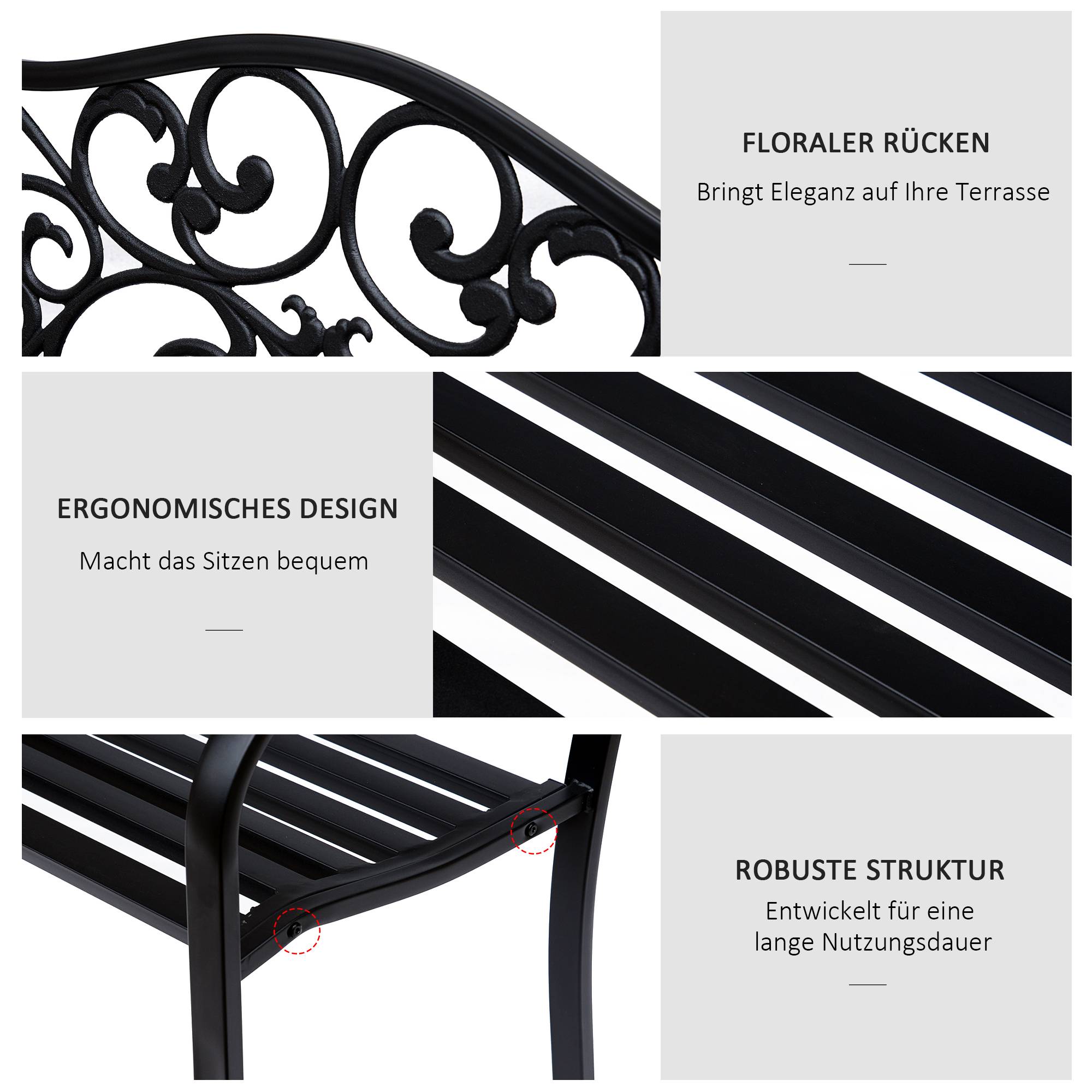 Banc de jardin 2 places avec table extensible, dossier et accoudoirs, 150x58,5x90 cm, charge 240 kg, noir - Image 7