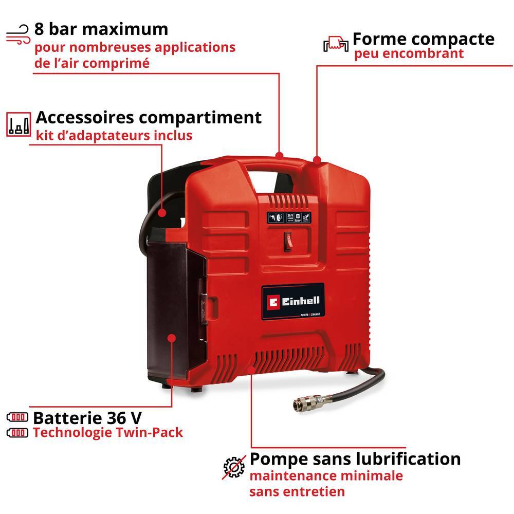 Einhell - Compresseur portatif sans fil TE-AC 36/8 Li OF Set  - sans batterie ni chargeur Einhell - Image 2