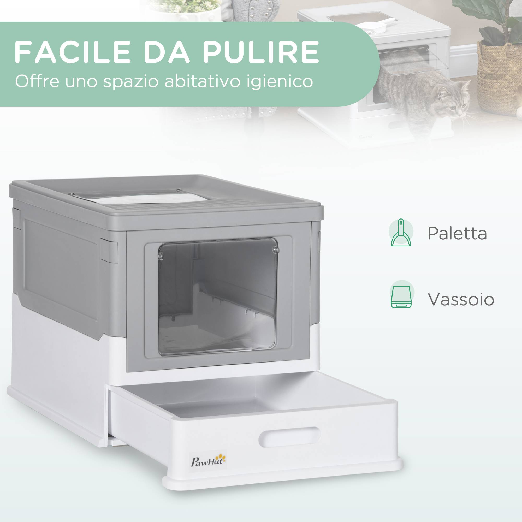 Litière fermée PP 2 portes avec pelle et bac amovible, 47,5x35,5x36,7cm - Image 6