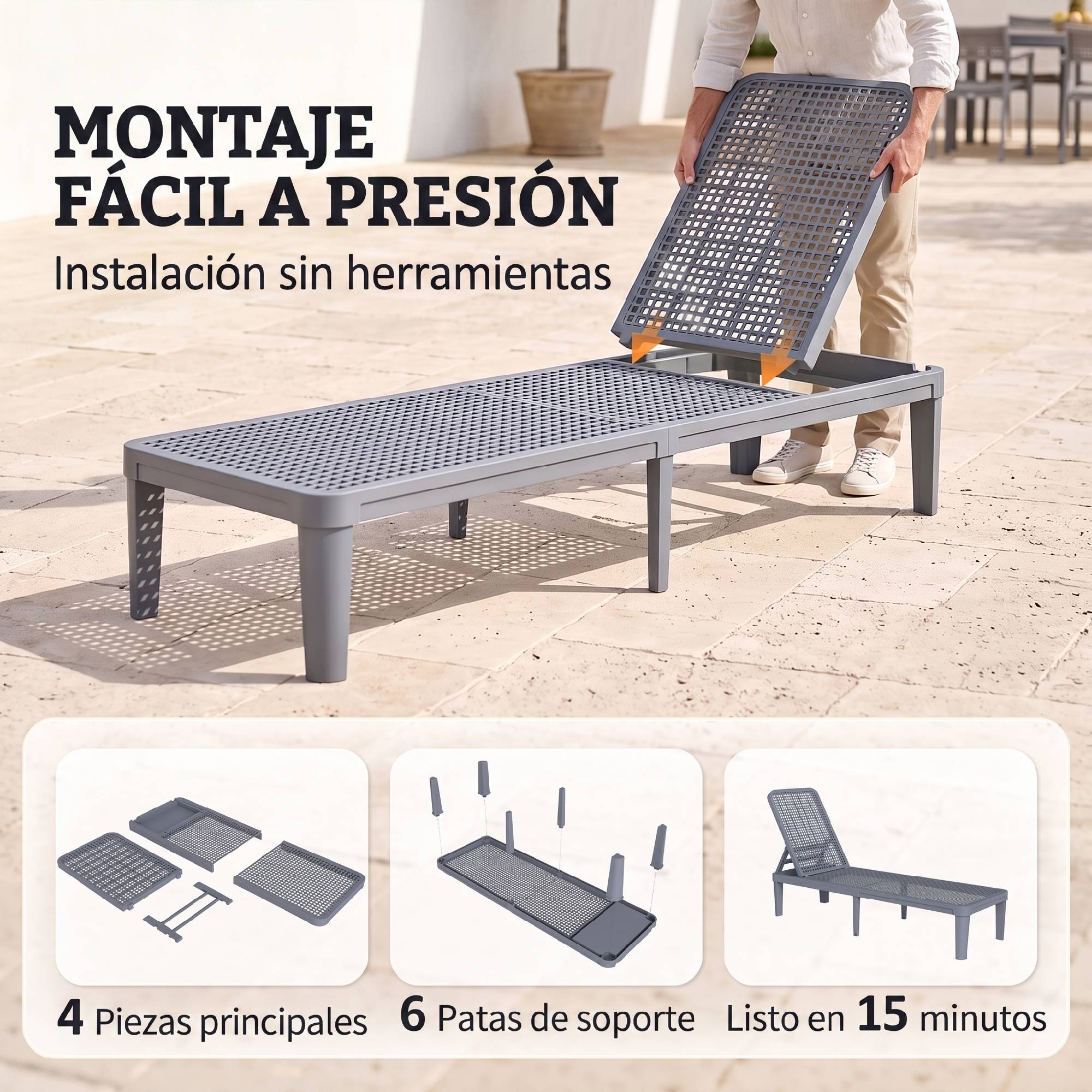 Chaise longue inclinable jardin extérieur avec dossier réglable 4 positions et cadre PP 191x55x35,5 cm gris foncé - Image 8