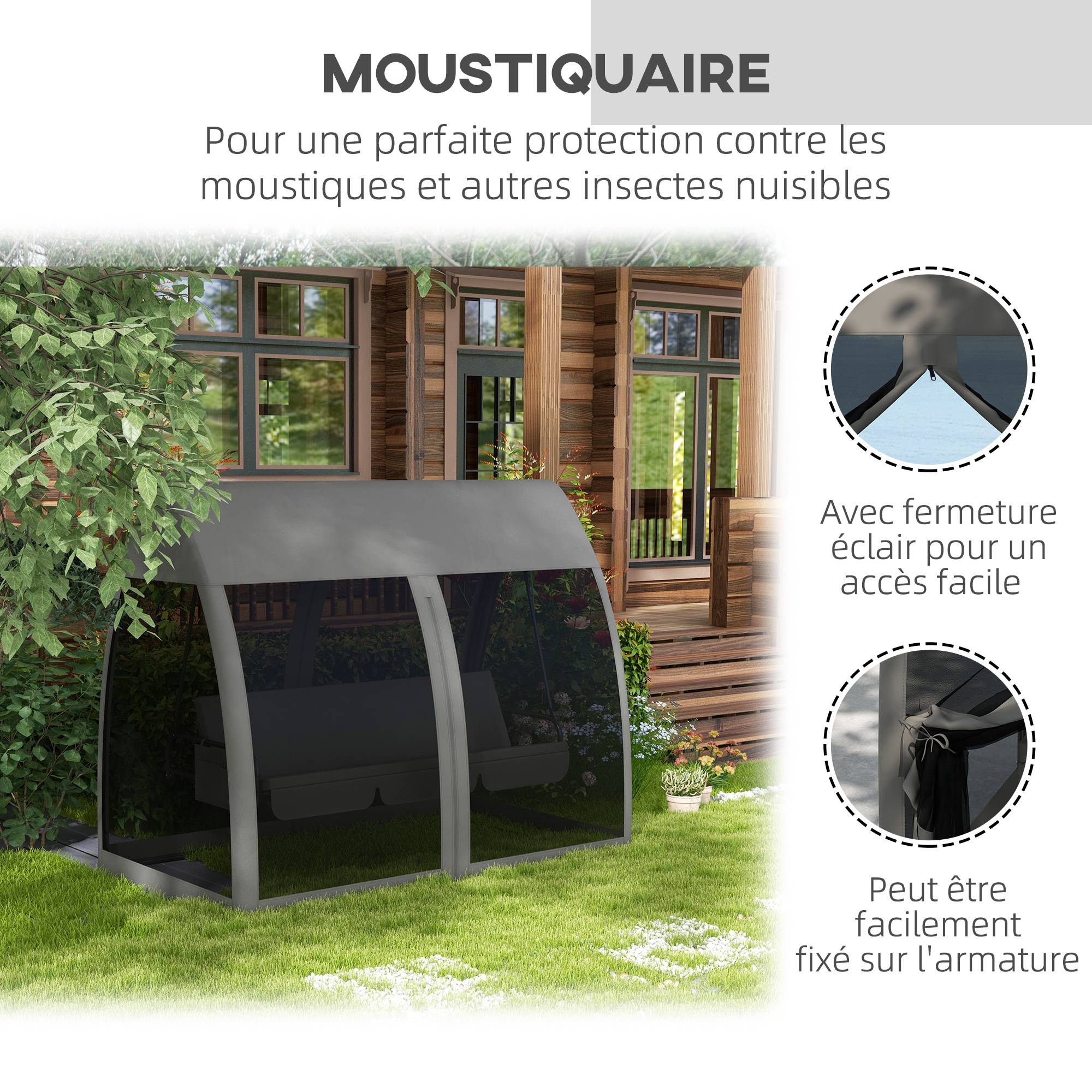 Balancelle convertible 3 places polyester jardin extérieur fonction lit moustiquaire gris - ComfortXL Outdoor Living - Image 7