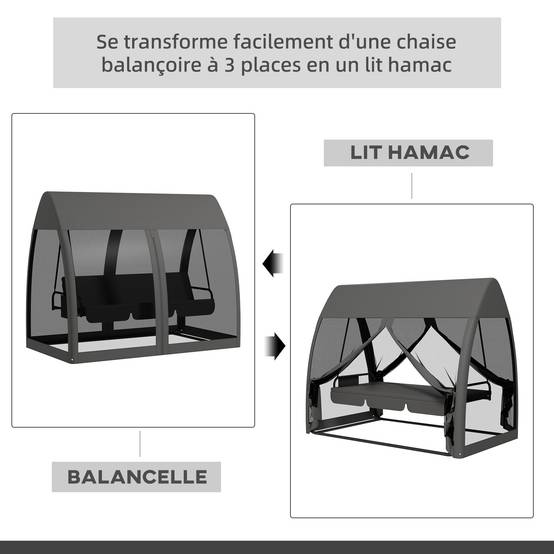 Balancelle convertible 3 places polyester jardin extérieur fonction lit moustiquaire gris - ComfortXL Outdoor Living - Image 6
