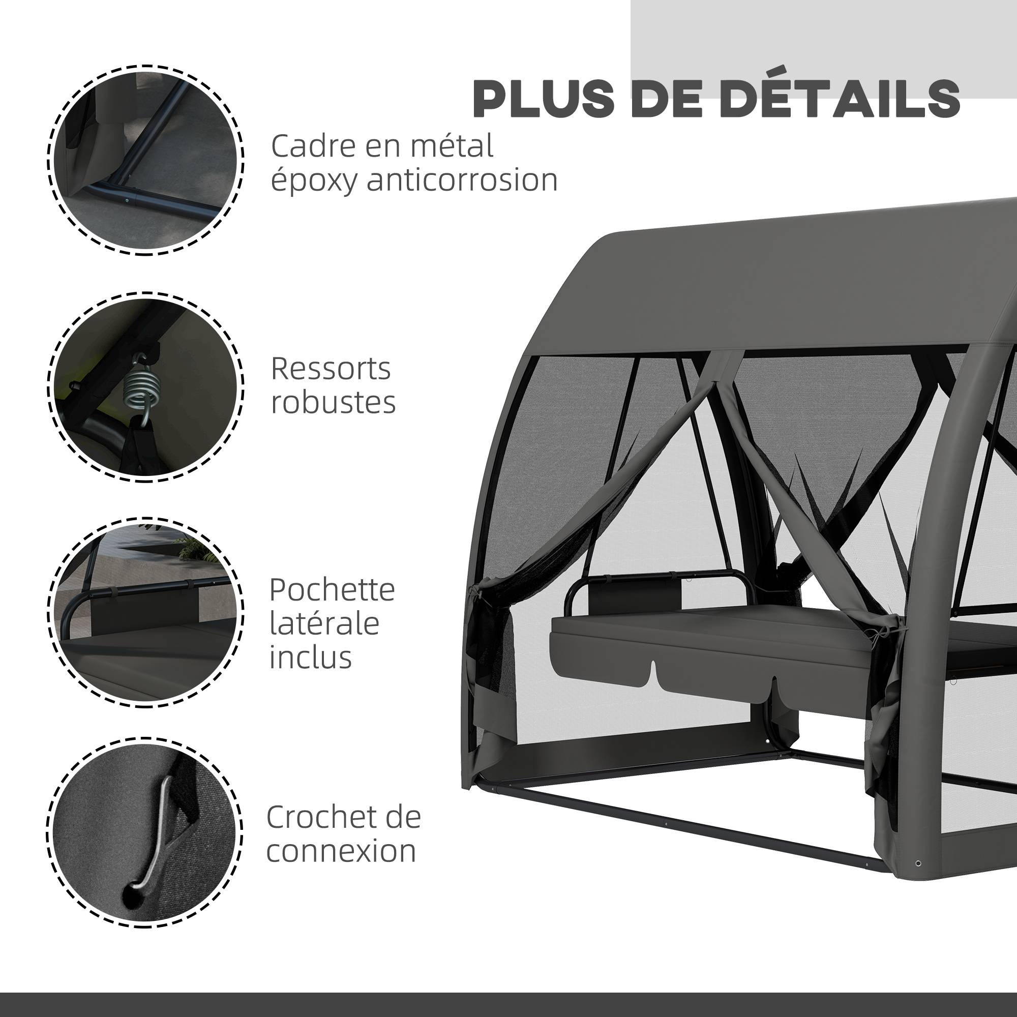 Balancelle convertible 3 places polyester jardin extérieur fonction lit moustiquaire gris - ComfortXL Outdoor Living - Image 9