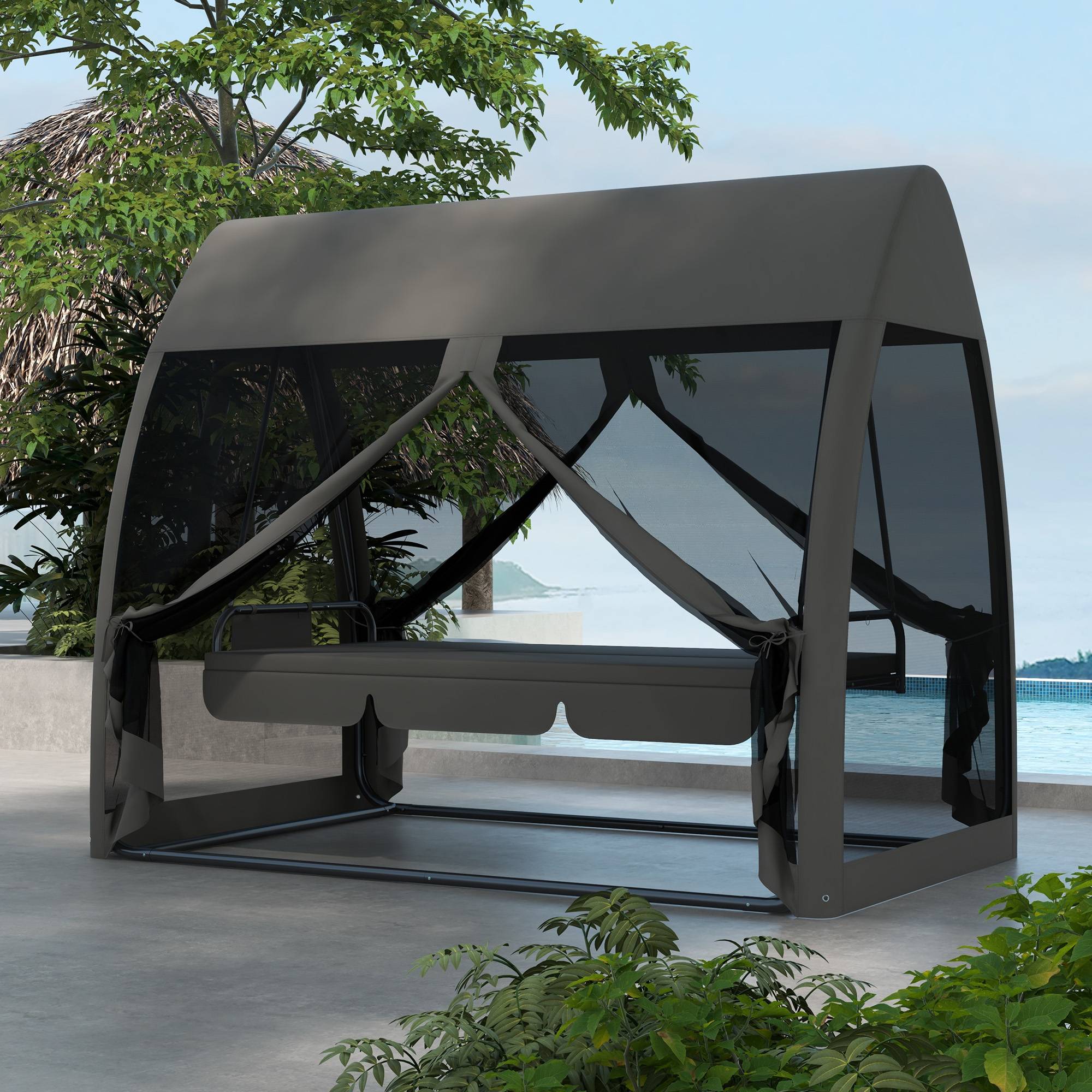 Balancelle convertible 3 places polyester jardin extérieur fonction lit moustiquaire gris - ComfortXL Outdoor Living - Image 4