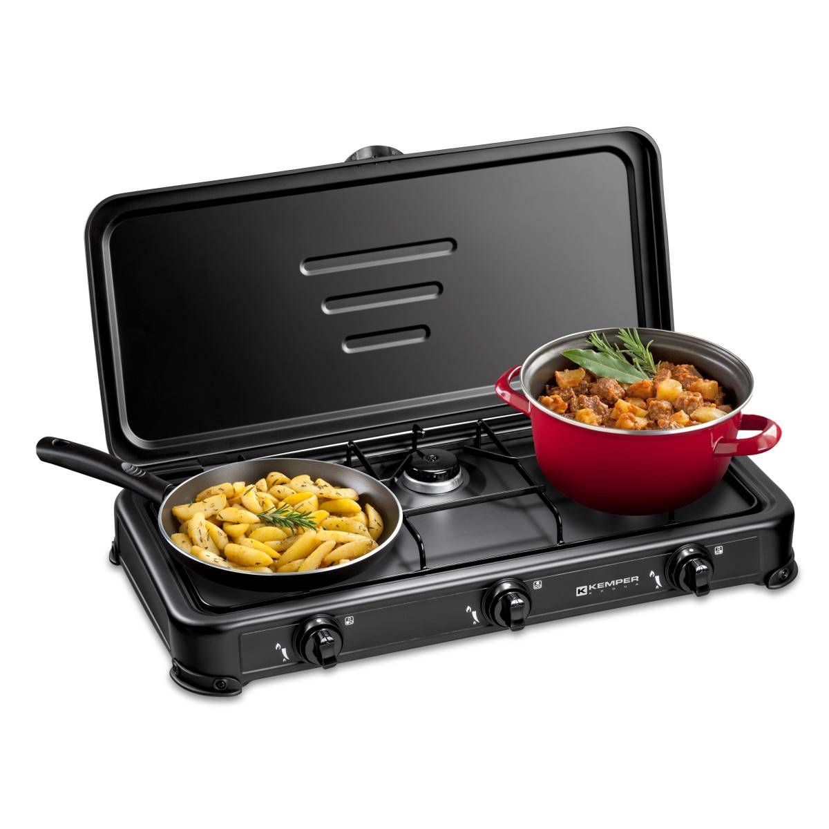 Réchaud gaz portable 3 feux 3450W Noir Couvercle Plaque de cuisson KEMPER - Imagen 1