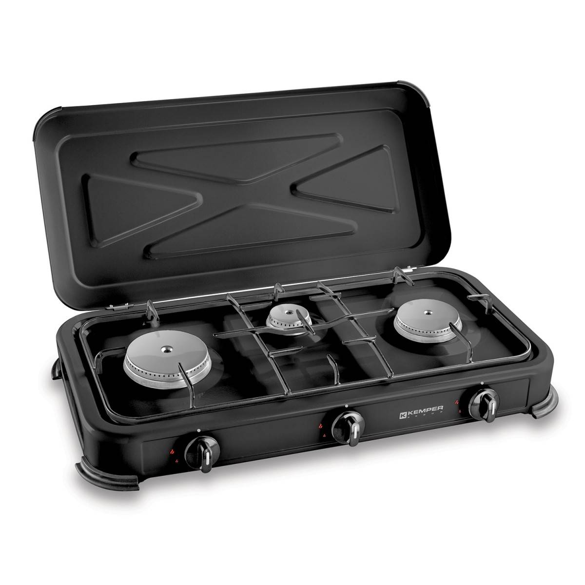 Réchaud gaz portable 3 feux 3450W Noir Couvercle Plaque de cuisson KEMPER - Imagen 2