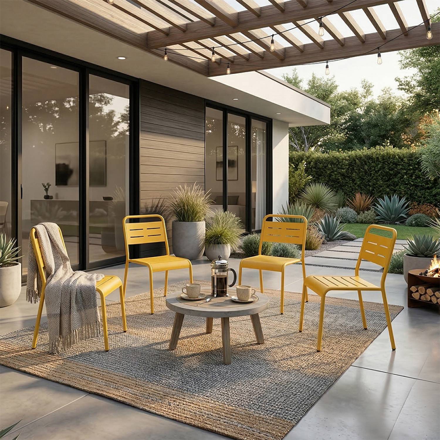 Ensemble de 4 chaises de jardin empilables jaunes BERGAME - Image 4