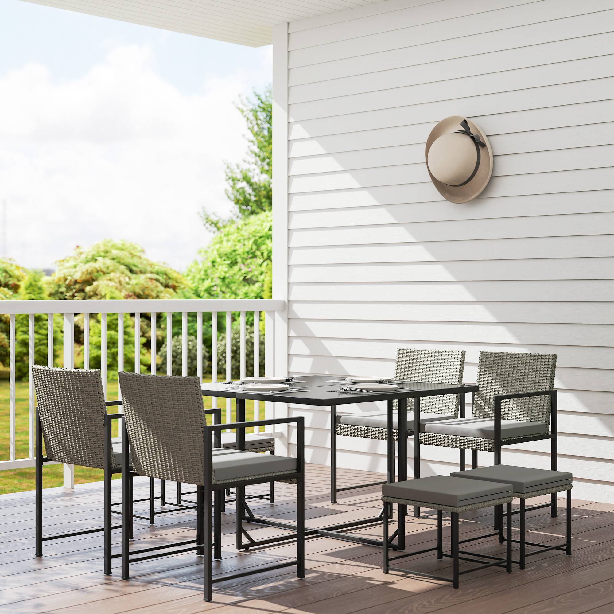 Salon de jardin extérieur en résine tressée 5 places, table en verre — free download