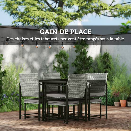 Salon de jardin extérieur en résine tressée 5 places, table en verre trempé et coussins inclus, bois naturel - Image 6