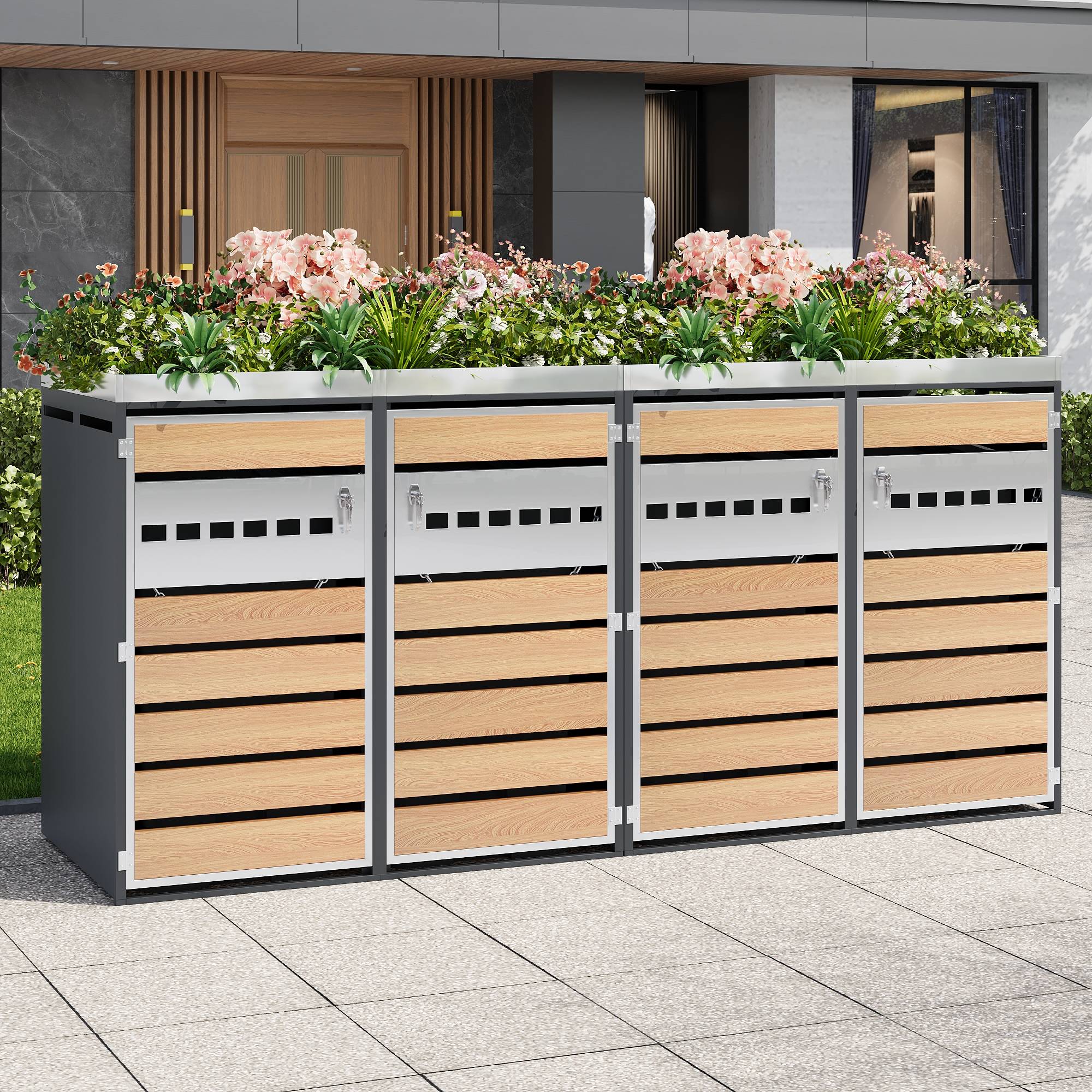 Cache-poubelle quadruple acier galvanisé jardin avec jardinière intégrée gris bois - ComfortXL Outdoor Living - Image 1