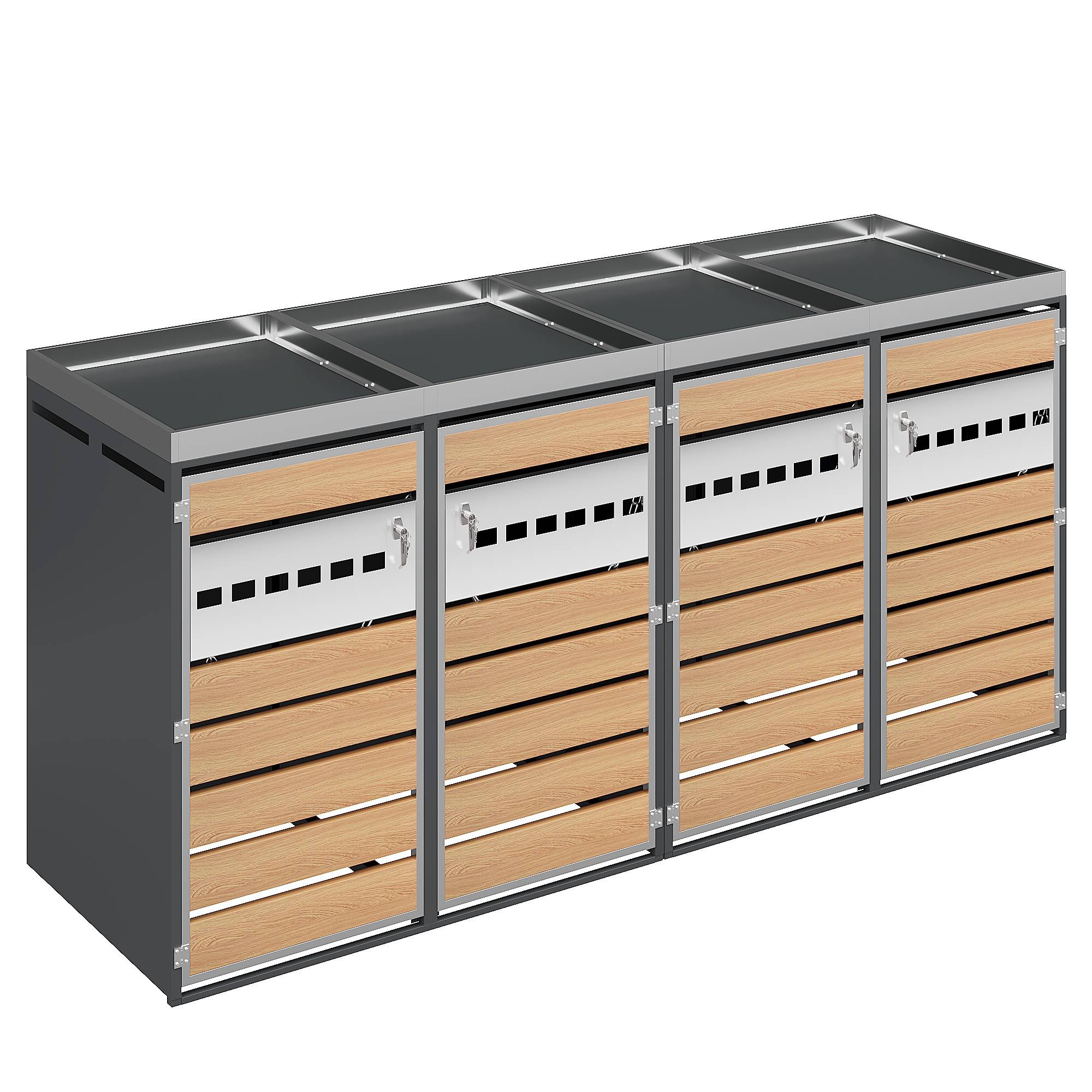Cache-poubelle quadruple acier galvanisé jardin avec jardinière intégrée gris bois - ComfortXL Outdoor Living - Image 2