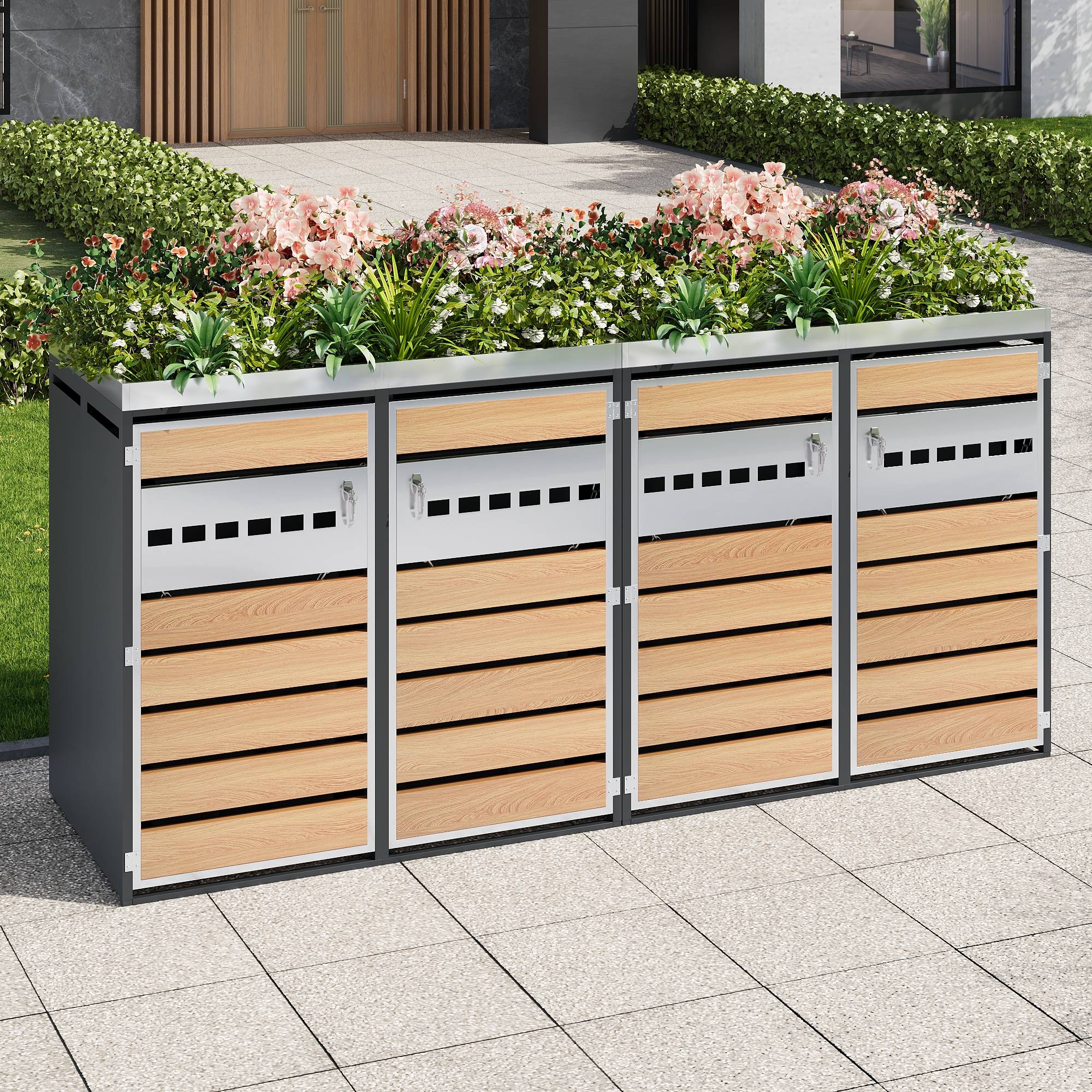 Cache-poubelle quadruple acier galvanisé jardin avec jardinière intégrée gris bois - ComfortXL Outdoor Living - Image 8