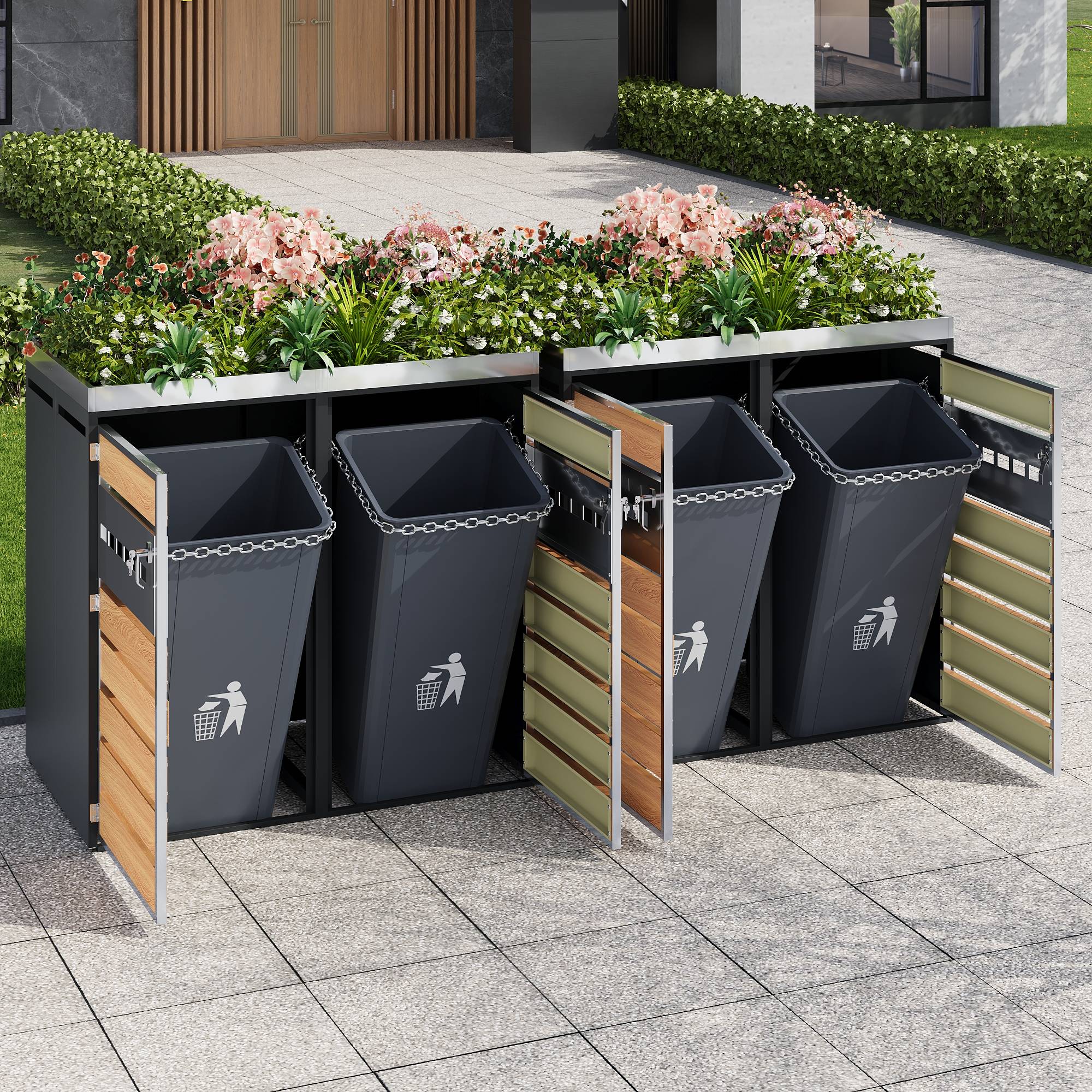 Cache-poubelle quadruple acier galvanisé jardin avec jardinière intégrée gris bois - ComfortXL Outdoor Living - Image 4