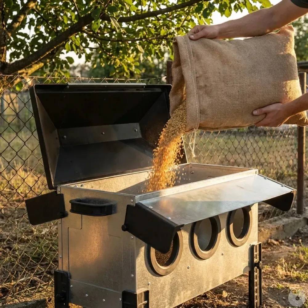 Olba - Mangeoire Robust® pour volailles - 18kg - Acier galvanisé avec couvercle anti-pluie Olba