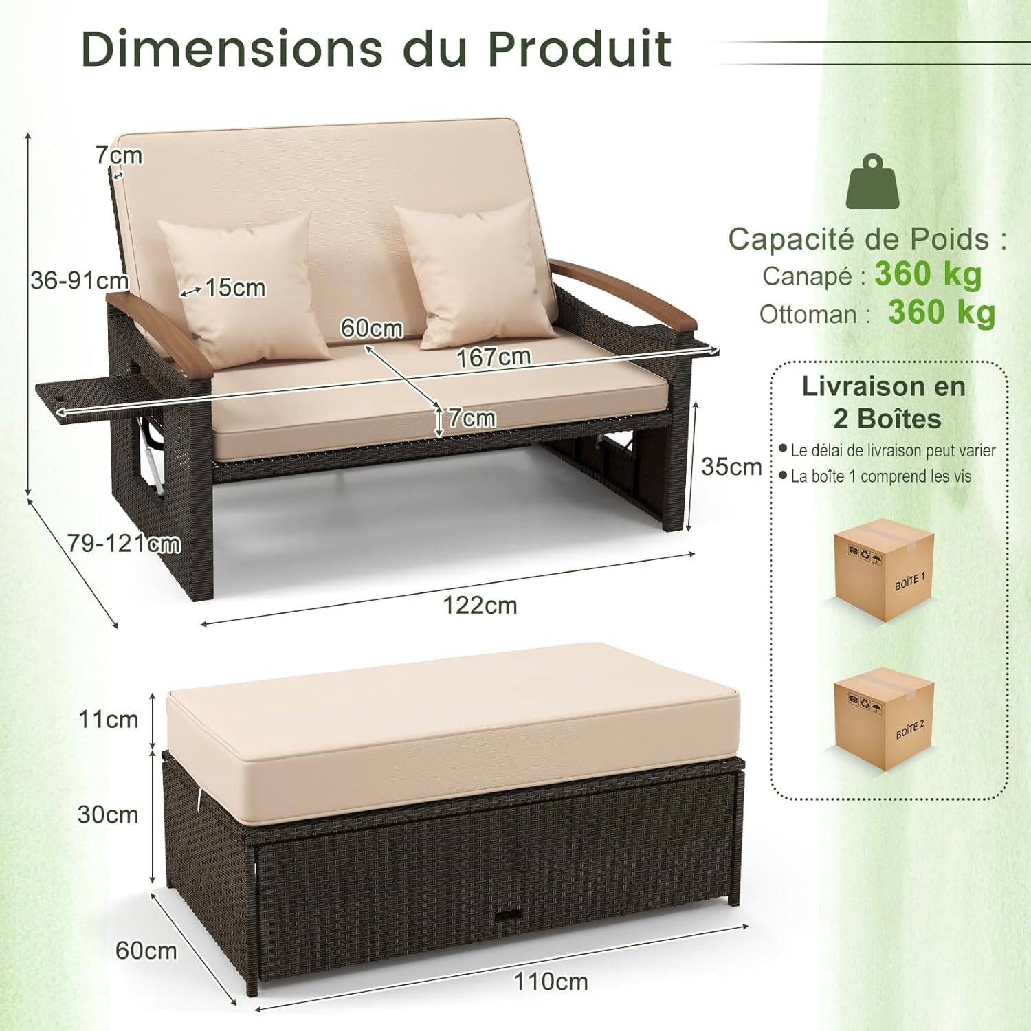 Salon de Jardin en Rotin avec Ottoman de Rangement, Bain de Soleil, Charge 360KG, Beige - Image 4