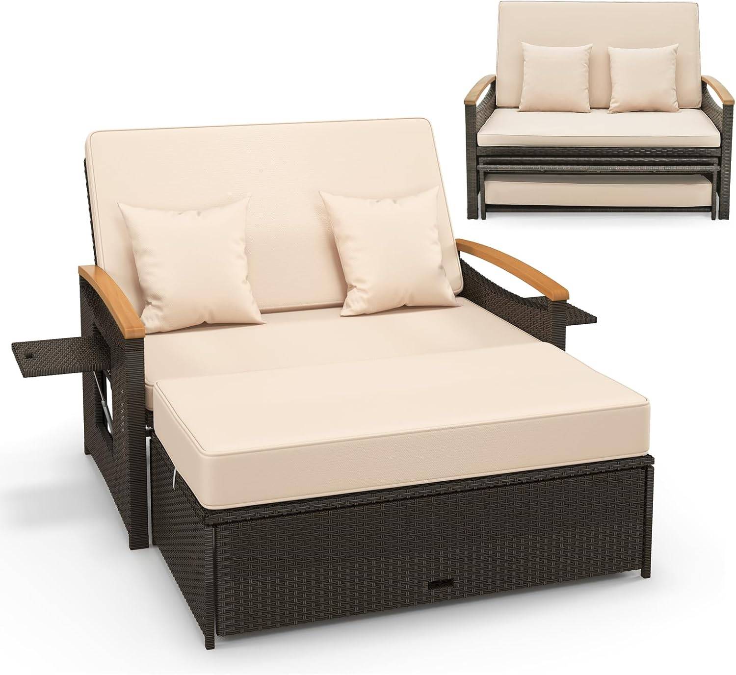 Salon de Jardin en Rotin avec Ottoman de Rangement, Bain de Soleil, Charge 360KG, Beige - Image 1