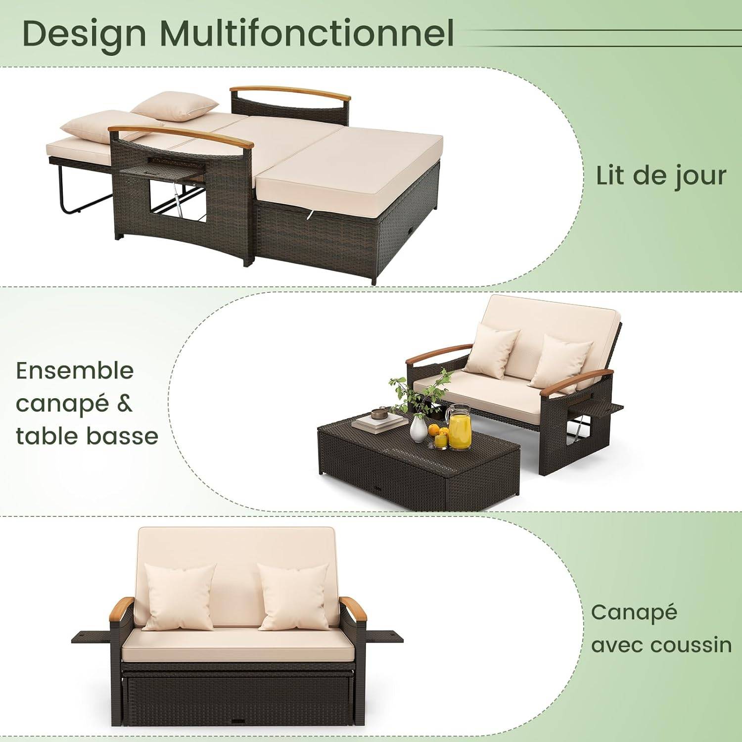 Salon de Jardin en Rotin avec Ottoman de Rangement, Bain de Soleil, Charge 360KG, Beige - Image 5