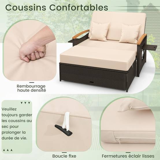 Salon de Jardin en Rotin avec Ottoman de Rangement, Bain de Soleil, Charge 360KG, Beige - Image 3