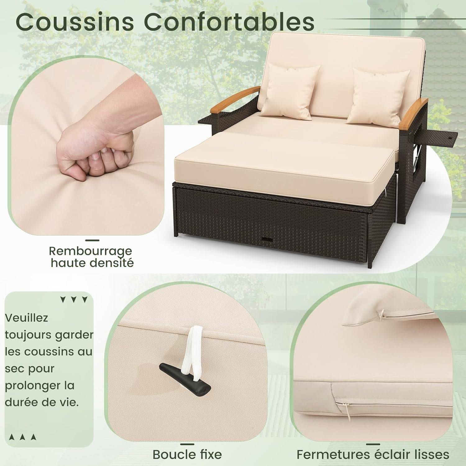 Salon de Jardin en Rotin avec Ottoman de Rangement, Bain de Soleil, Charge 360KG, Beige - Image 3