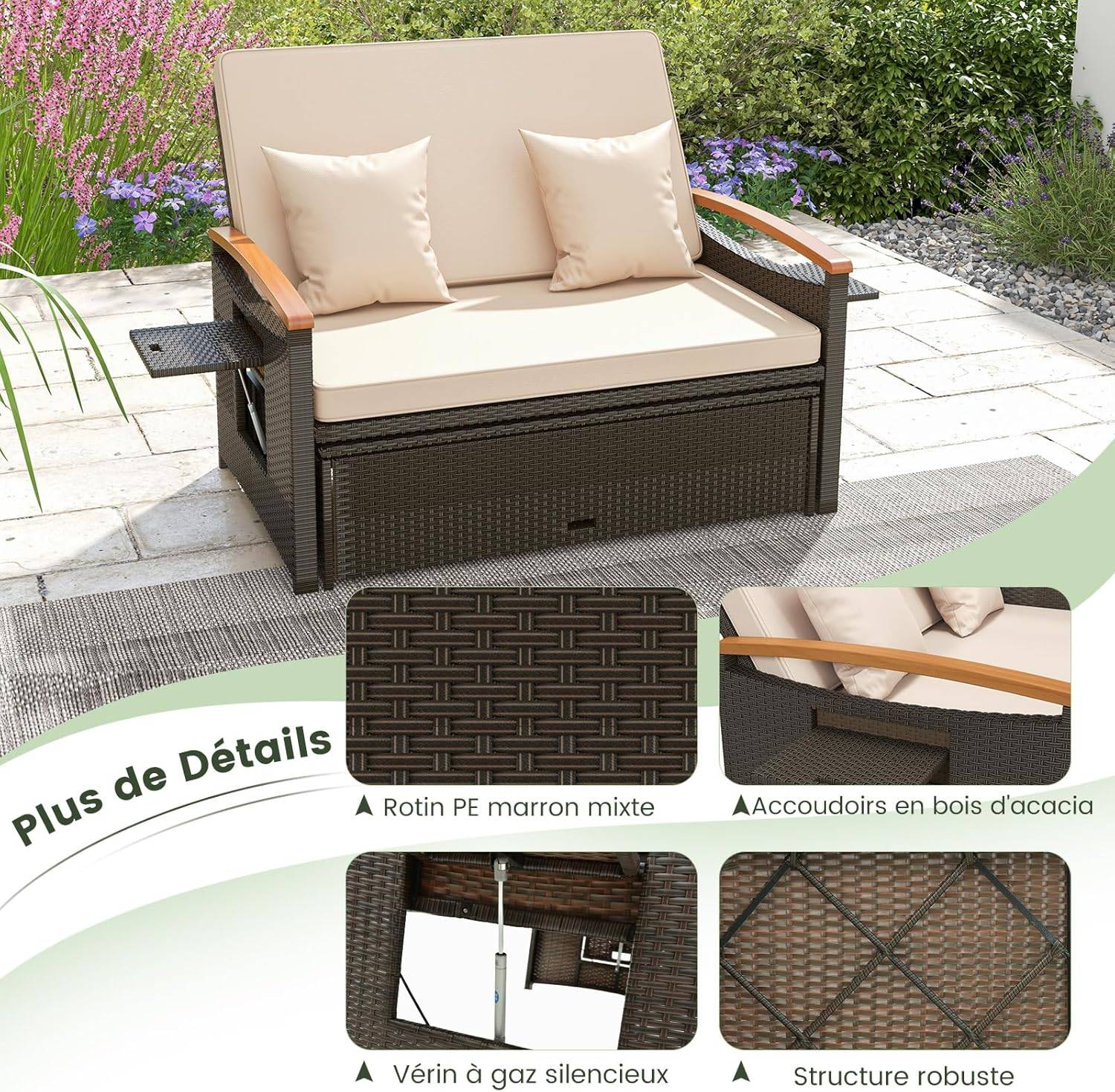 Salon de Jardin en Rotin avec Ottoman de Rangement, Bain de Soleil, Charge 360KG, Beige - Image 2