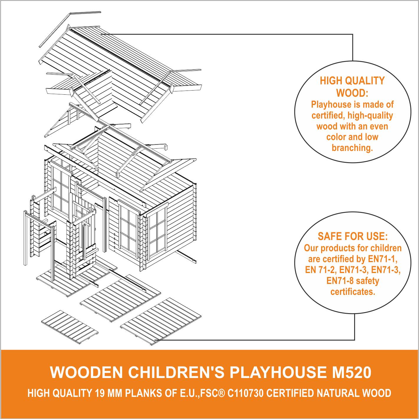 Timbela - Maison en bois pour enfants 241x187xH151cm / 2.63 m²- Maison de jeux pour l'extérieur - 19 mm d’épaisseur - Timbela M520 - Image 8