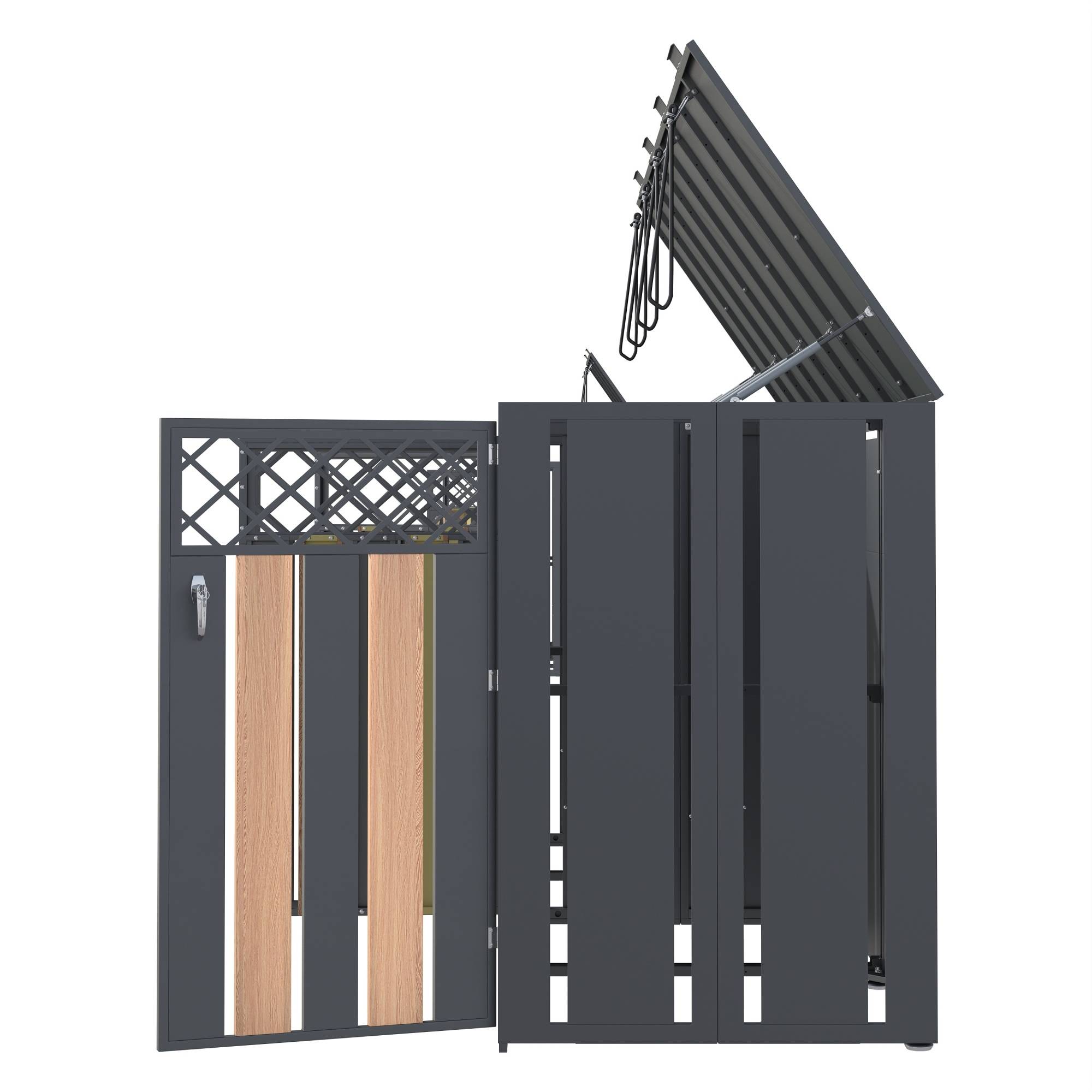 Cache-poubelle double acier galvanisé jardin couvercle hydraulique 132x80x118cm gris bois - ComfortXL Outdoor Living - Image 5