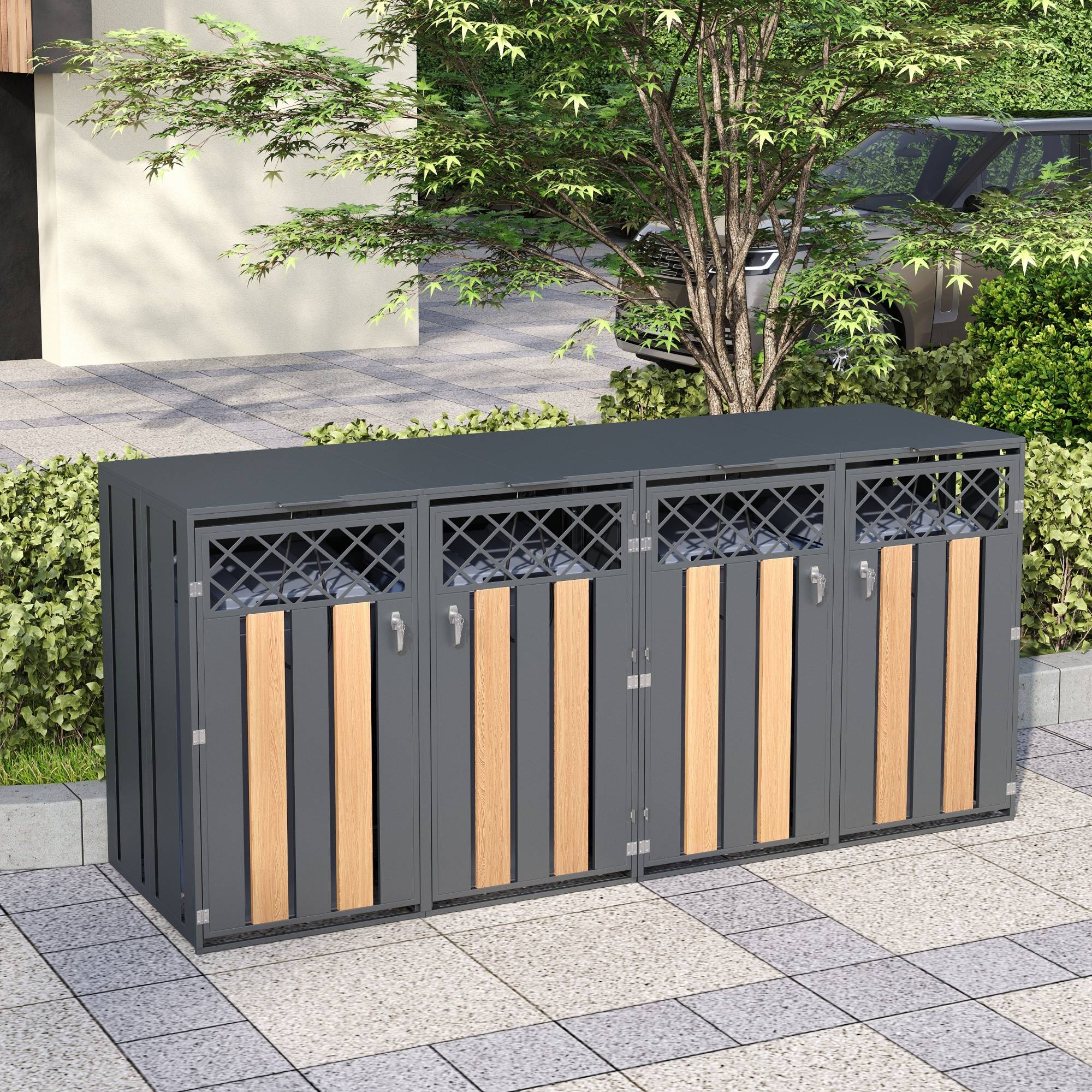 Cache-poubelle double acier galvanisé jardin couvercle hydraulique 132x80x118cm gris bois - ComfortXL Outdoor Living - Image 1