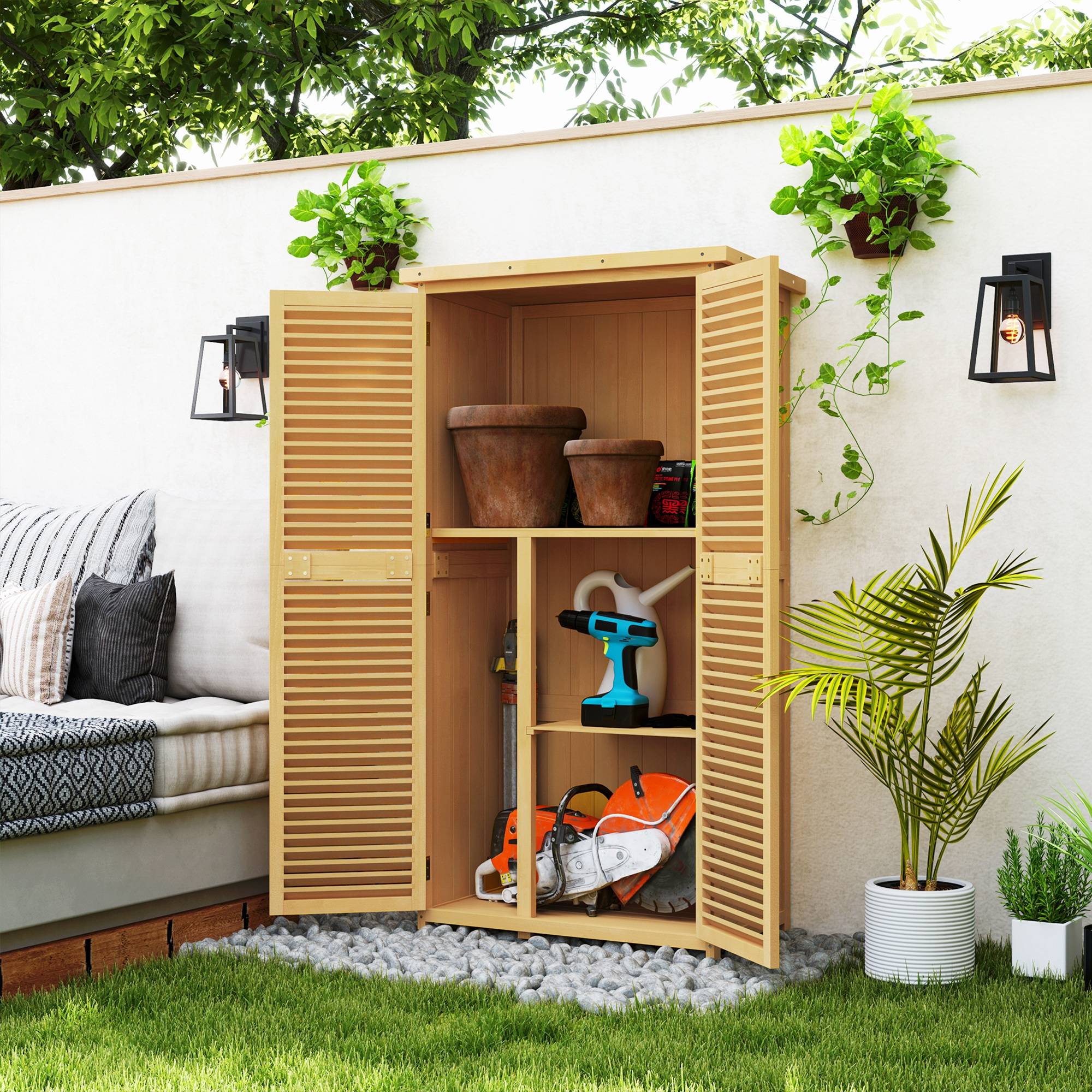 Commode de jardin résistante, 2 portes verrouillables, pin, 87l x 46,5p x 160h cm, jaune clair - Image 3