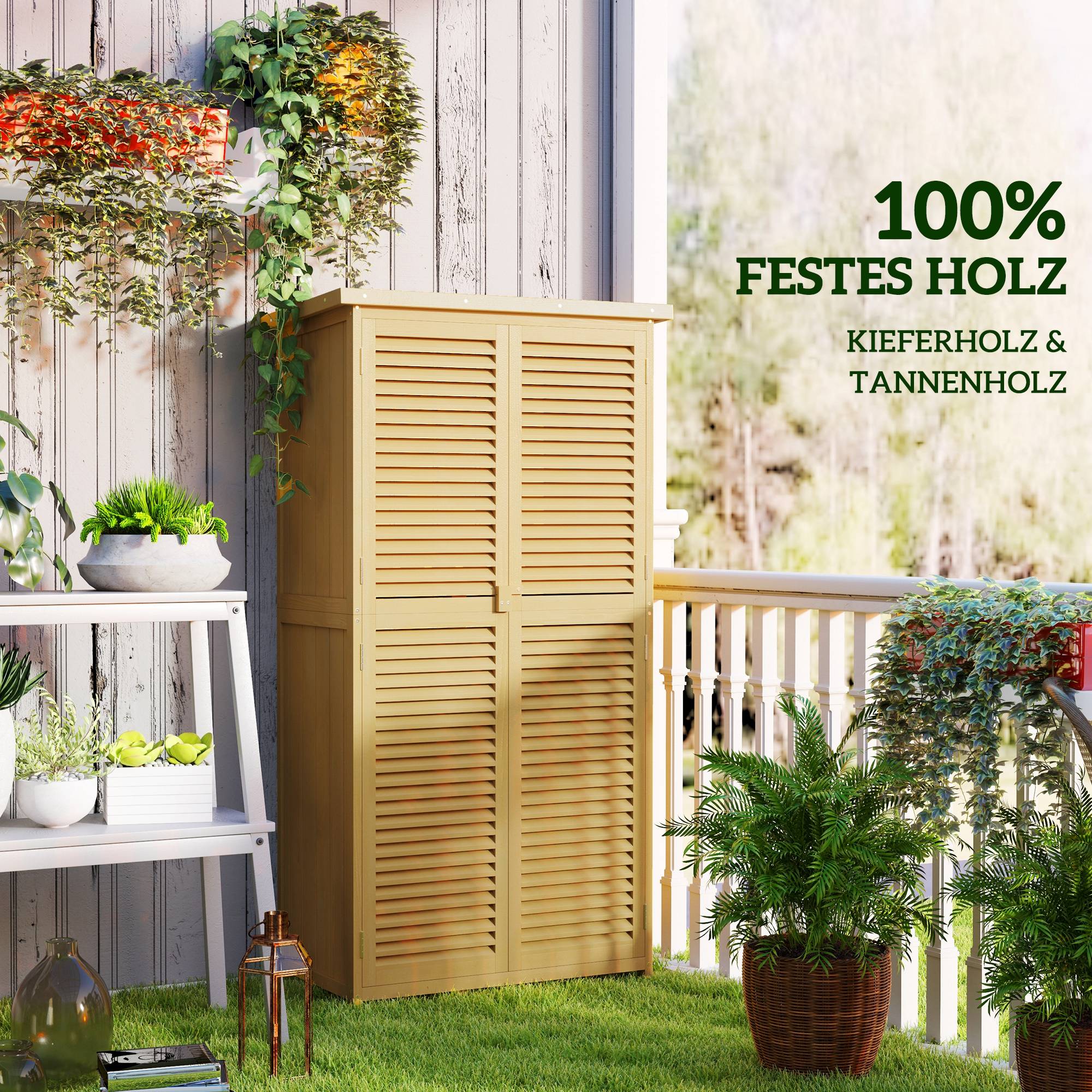 Commode de jardin résistante, 2 portes verrouillables, pin, 87l x 46,5p x 160h cm, jaune clair - Image 8