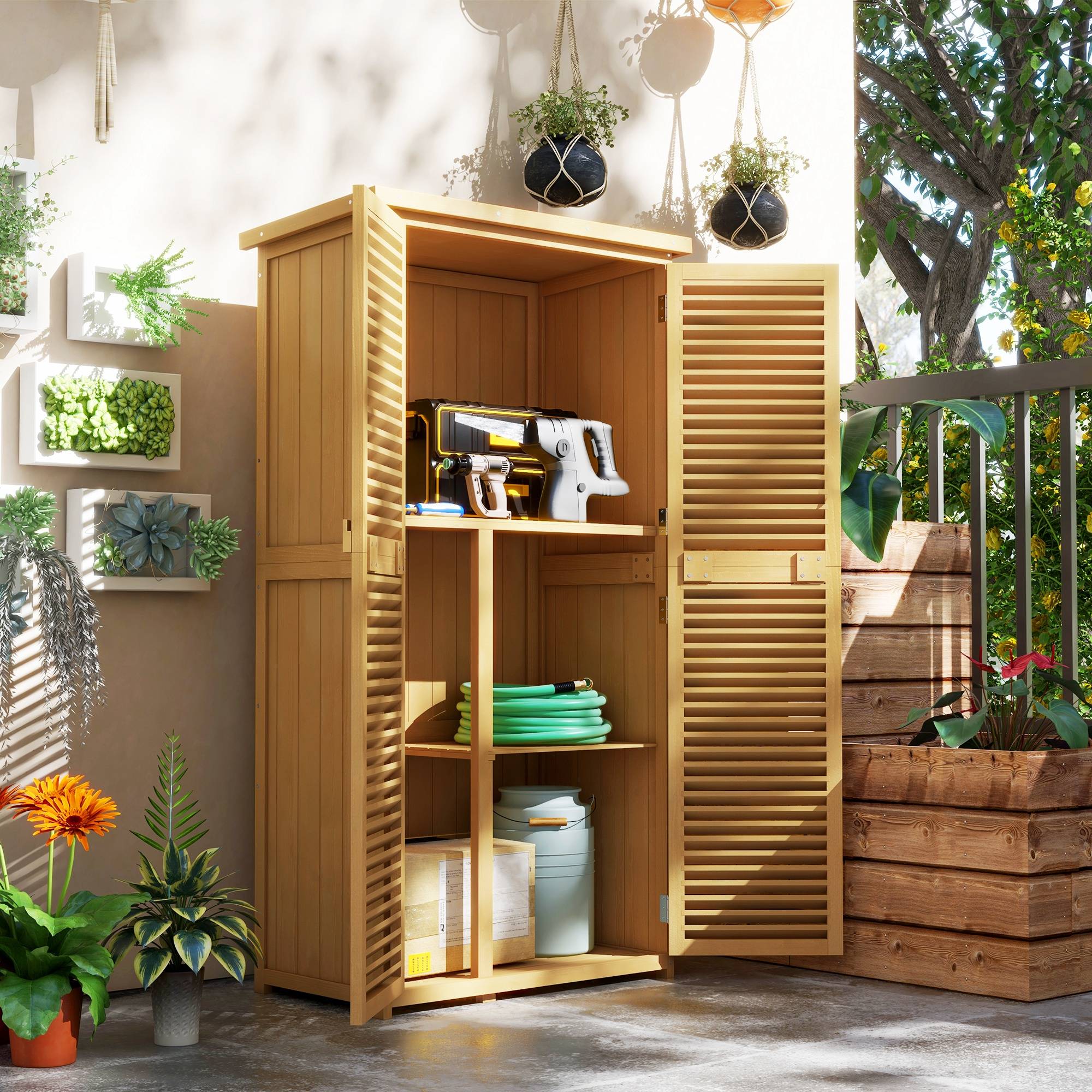 Commode de jardin résistante, 2 portes verrouillables, pin, 87l x 46,5p x 160h cm, jaune clair - Image 4