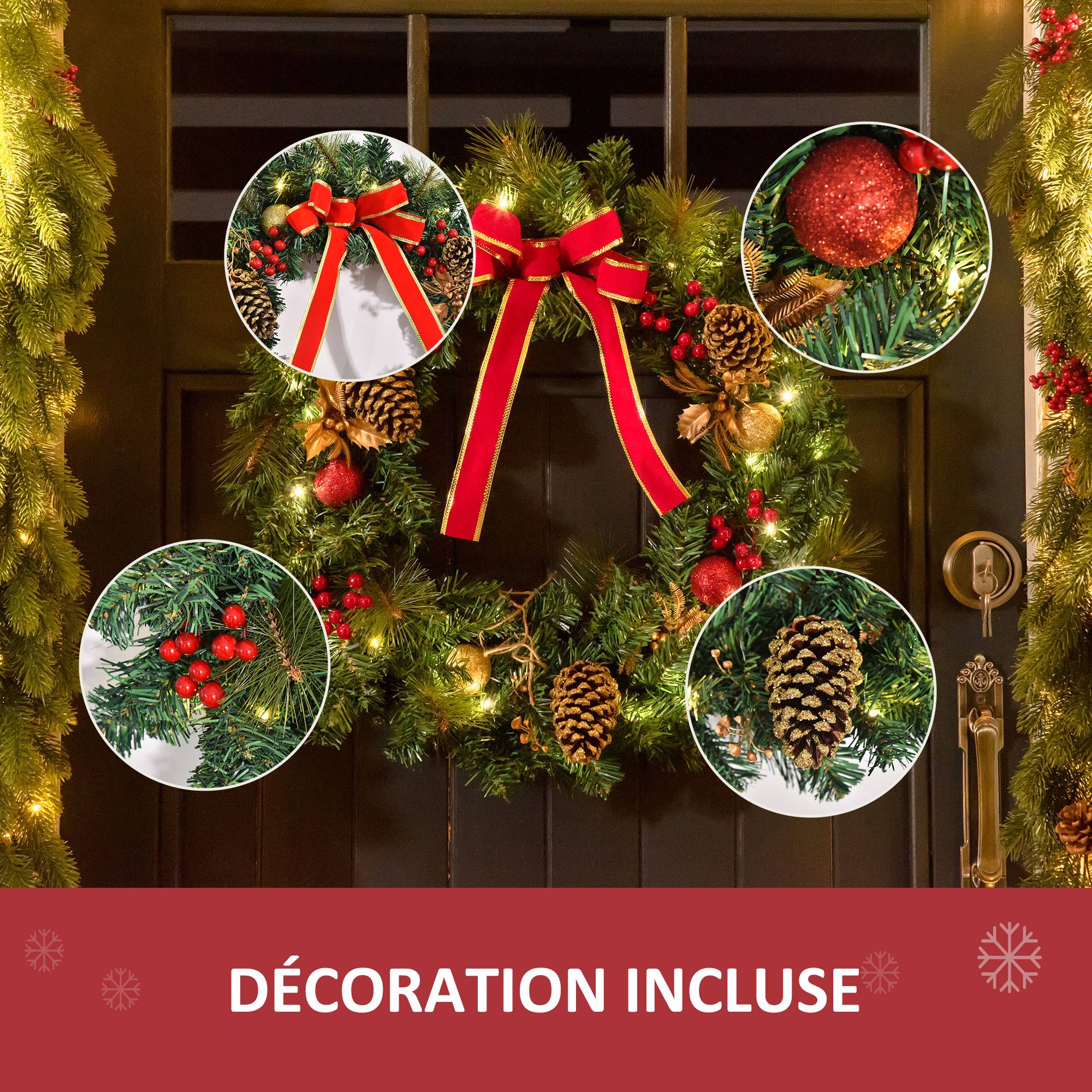ComfortXL - Couronne de Noël lumineuse en PVC vert 60 cm avec 20 LED blanc chaud et pommes de pin pour porte et mur - Image 6