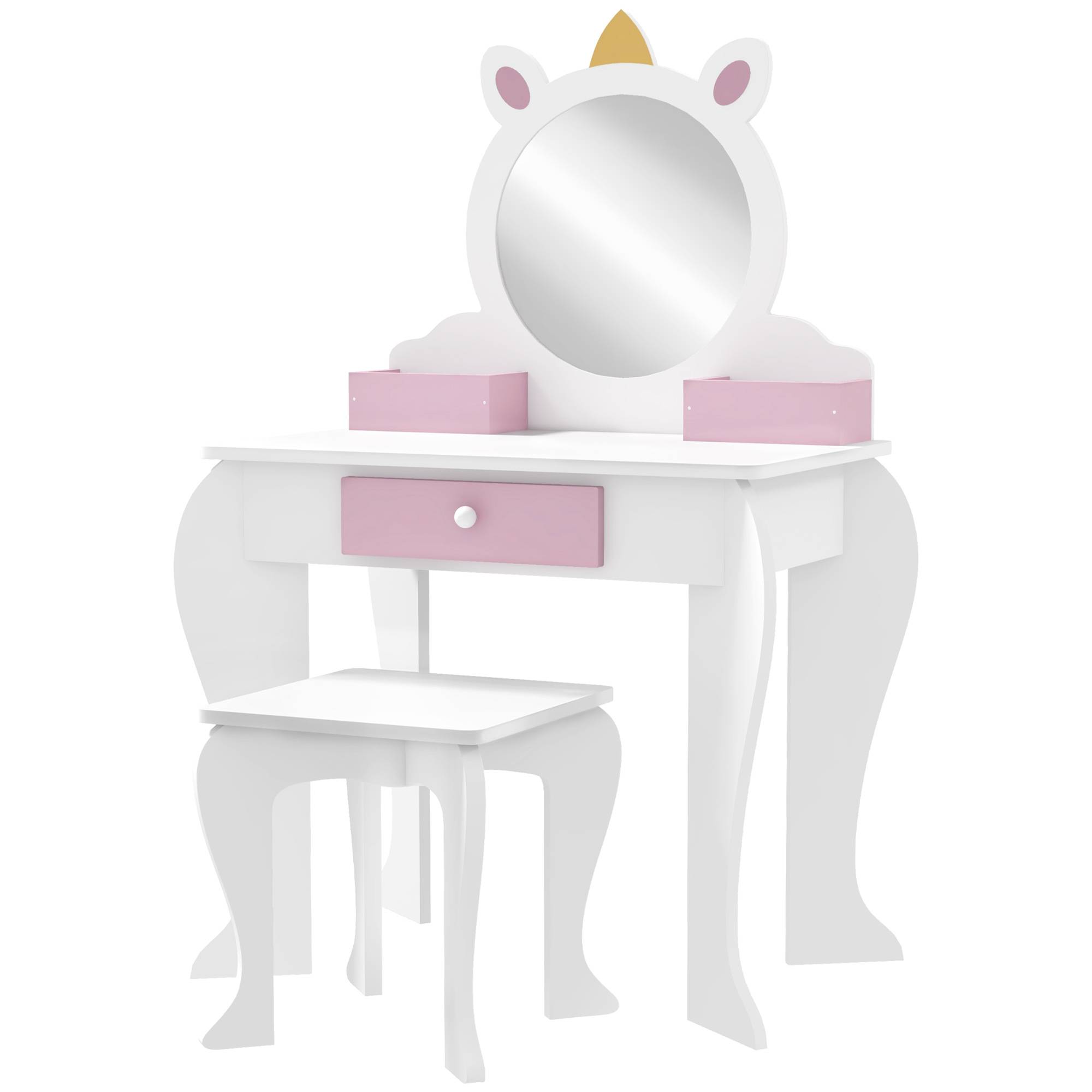 Sans Marque - Coiffeuse pour enfant avec tabouret et miroir, coiffeuse pour fille avec tiroir et compartiments, motif licorne blanche - Image 2