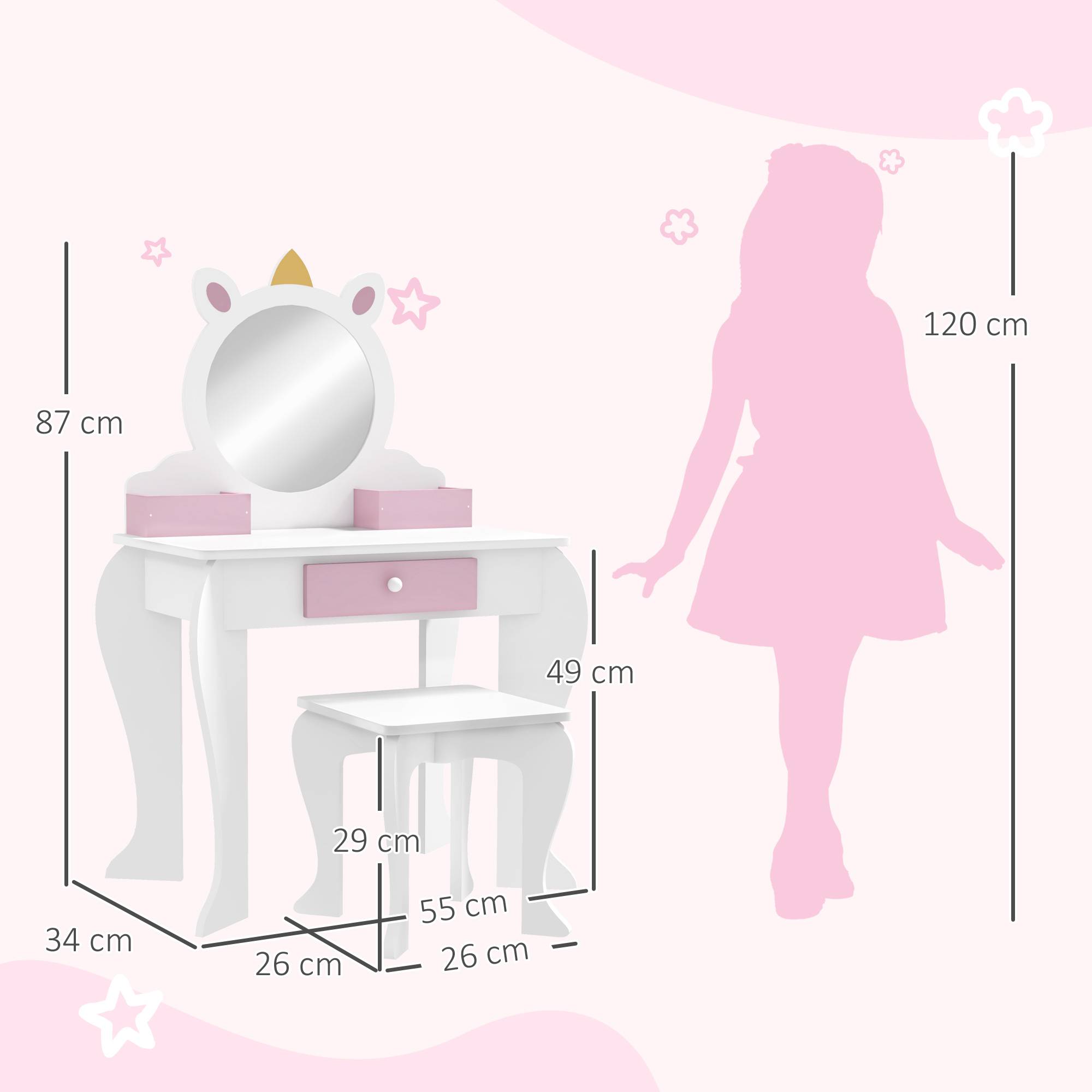 Sans Marque - Coiffeuse pour enfant avec tabouret et miroir, coiffeuse pour fille avec tiroir et compartiments, motif licorne blanche - Image 5