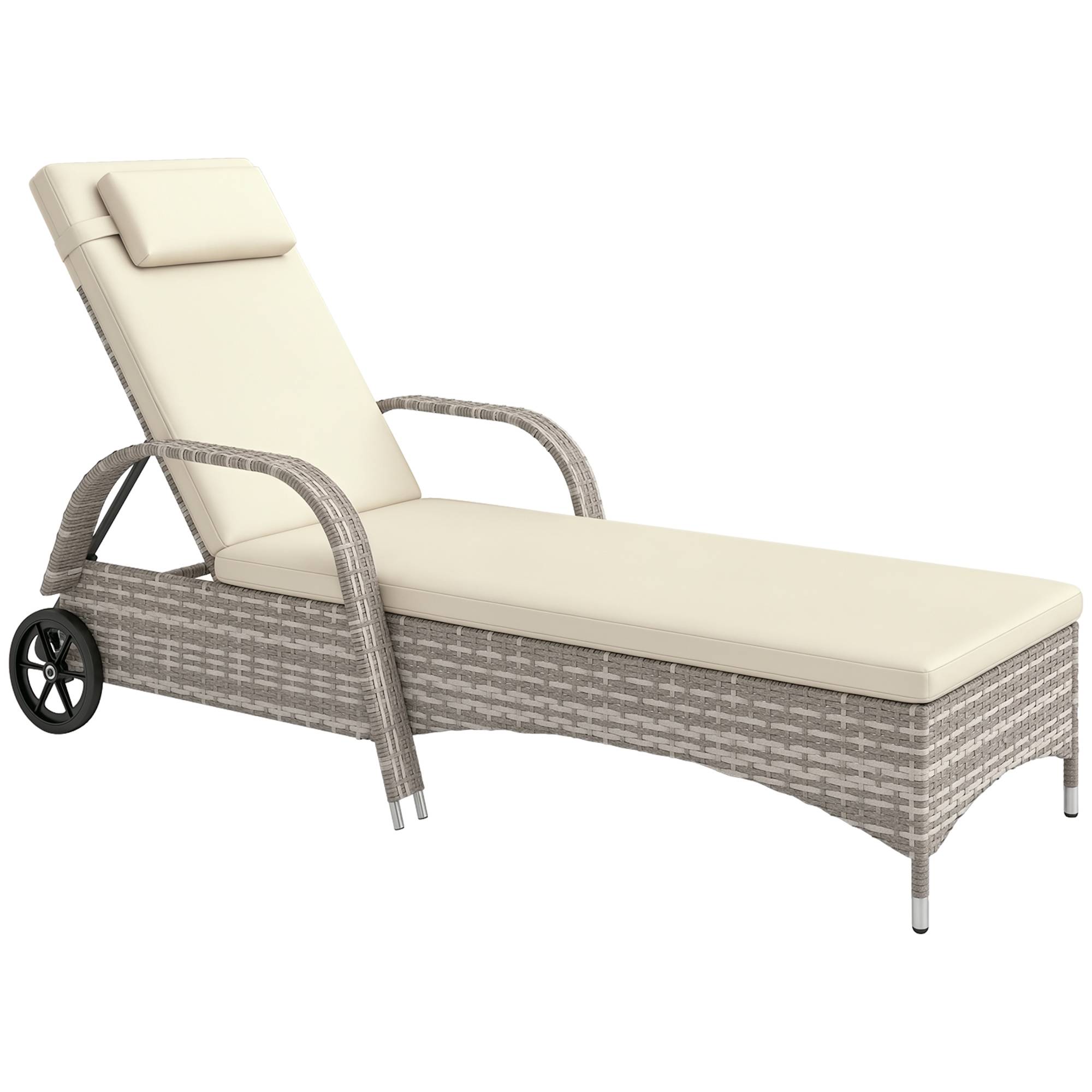 Outsunny - Transat bain de soleil avec matelas, têtière, inclinaison réglable multipositions, accoudoirs, roulettes résine tressée gris clair - Outsunny - Image 1