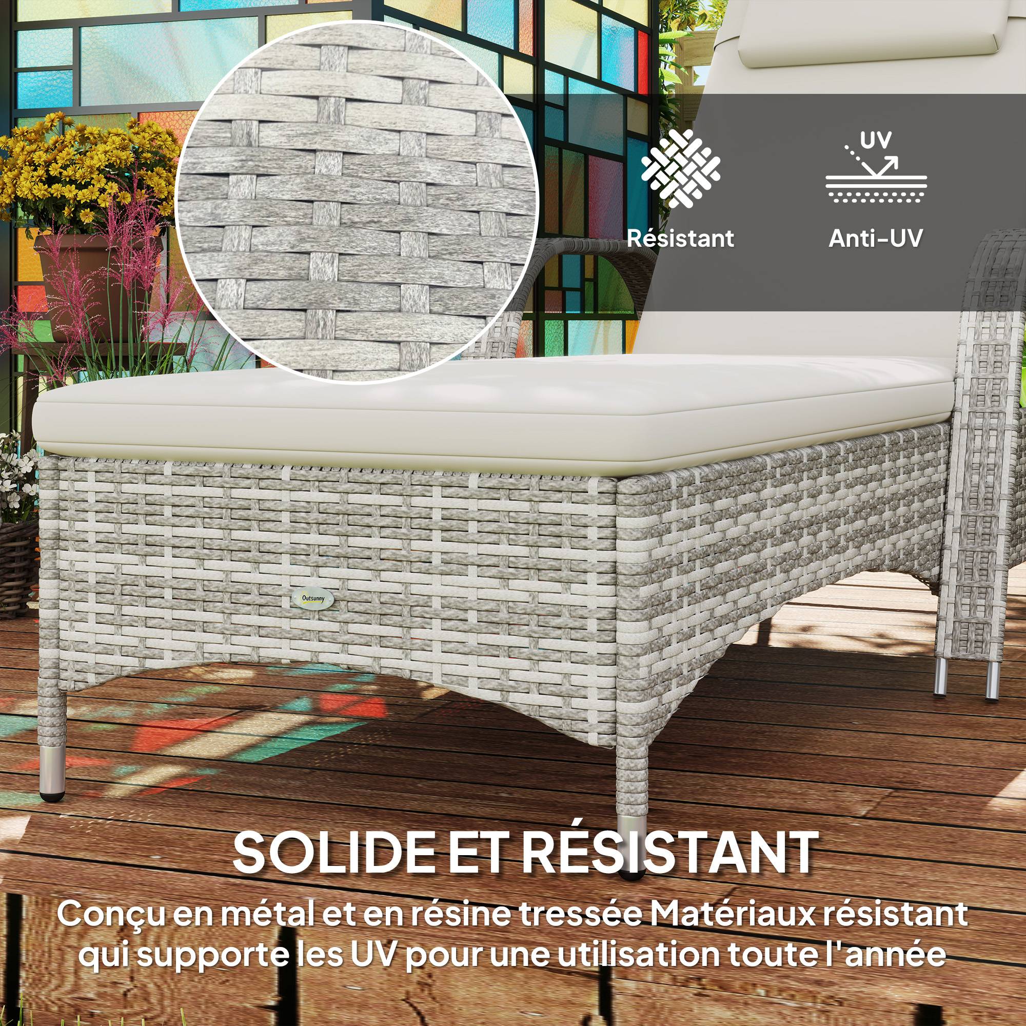 Outsunny - Transat bain de soleil avec matelas, têtière, inclinaison réglable multipositions, accoudoirs, roulettes résine tressée gris clair - Outsunny - Image 5